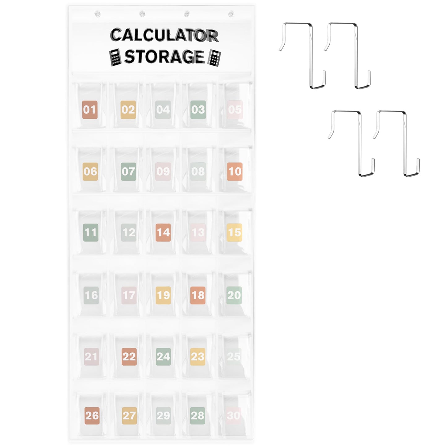 30-Pocket Calculator Holder for Classroom, Hanging Calculator Pocket Chart with Clear PVC Pockets & Numbered Stickers, Calculator Storage Organizer