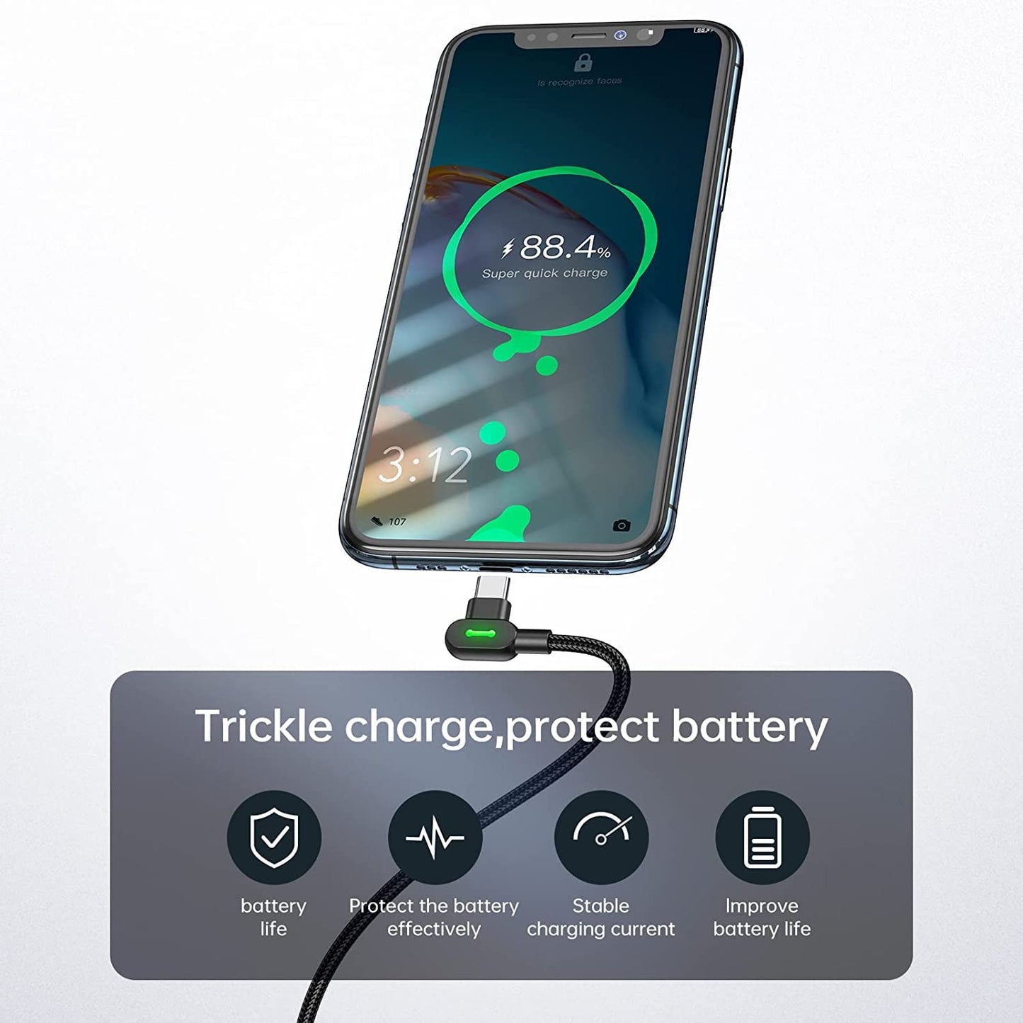 Type C USB 90 Degree Right Angle Elbow Design Game LED Strong Nylon Braided Sync Charge USB Data 6FT Cable Compatible Galaxy S20 S10 S9 S8 Plus Note
