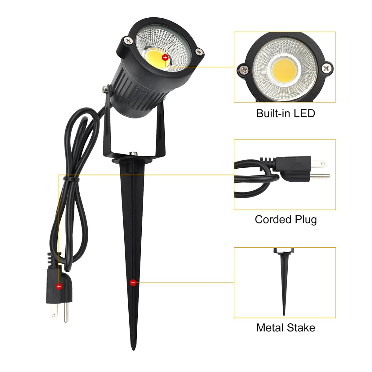J.LUMI GSS6005 Outdoor Plug-in LED Spotlight - 5W 450LM Warm White 3000K, IP65 Waterproof Landscape Spotlight with Ground Stake, Metal, 3ft Cord, 120V