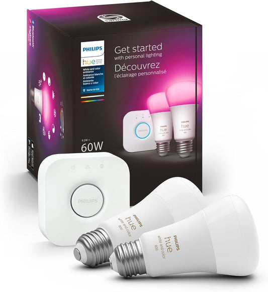 Philips Hue Smart Light Bulbs Starter Kit, 1 Bridge + 2 60W A19 Bulbs