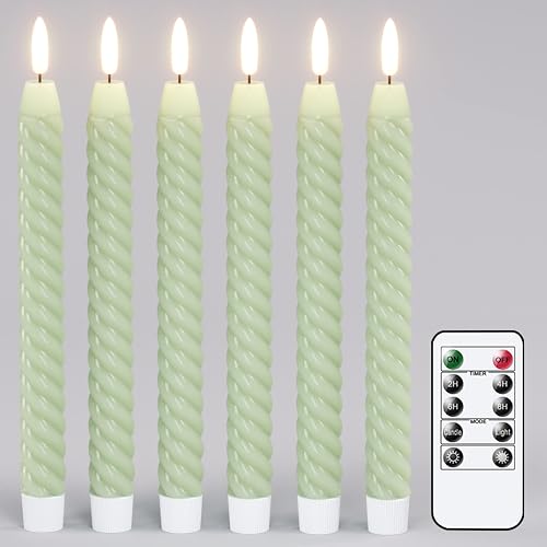 Lasumora Flameless Taper Candles Green Pastel Flickering with Remote Timer, Battery Operated Warm 3D Wick LED Spiral Candles 6 Pack 9.8" Real Wax