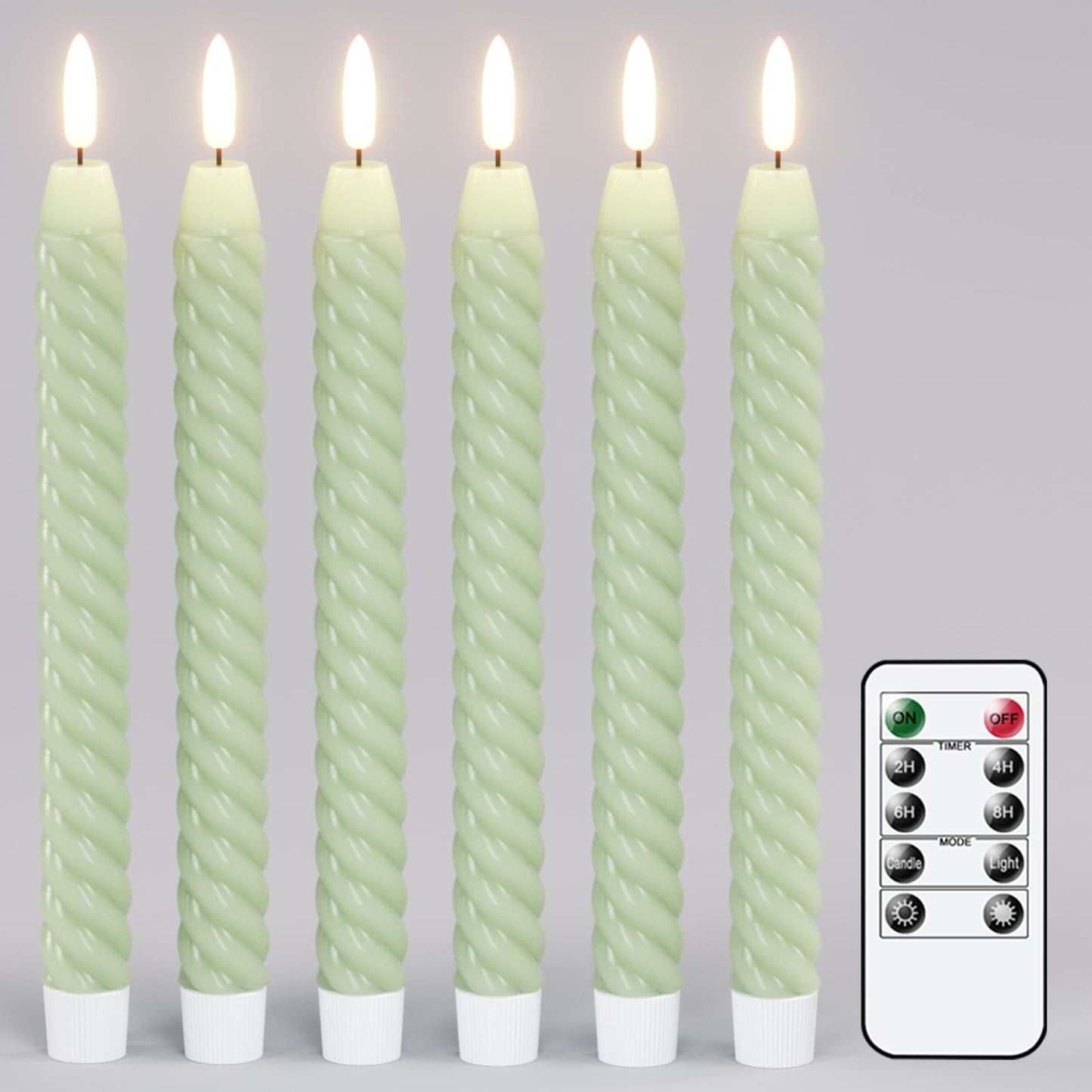 Lasumora Flameless Taper Candles Green Pastel Flickering with Remote Timer, Battery Operated Warm 3D Wick LED Spiral Candles 6 Pack 9.8" Real Wax