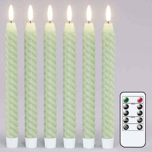 Lasumora Flameless Taper Candles Green Pastel Flickering with Remote Timer, Battery Operated Warm 3D Wick LED Spiral Candles 6 Pack 9.8" Real Wax