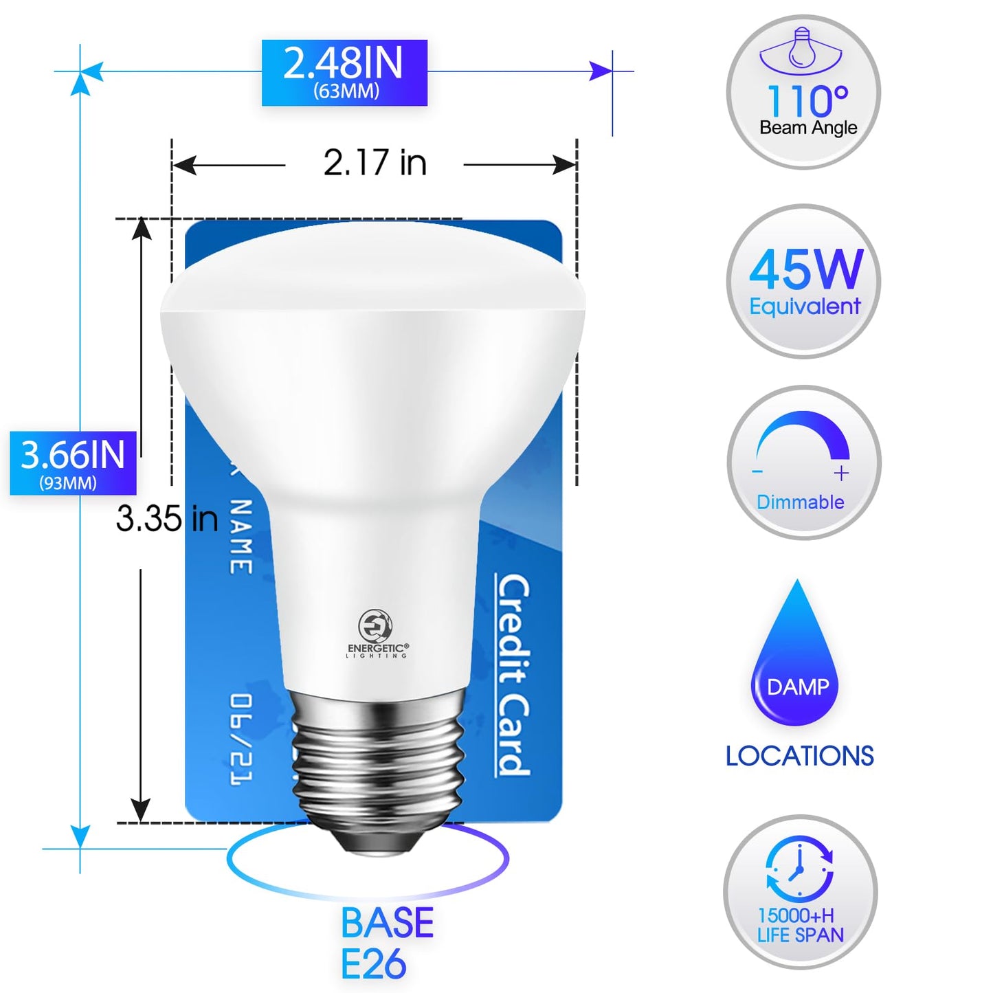 Energetic BR20 LED Bulb R20 Dimmable 5000K Daylight 45W Equivalent to 6.5W, Recessed Can Light Bulbs, Kitchen Ceiling Lights, E26 500 Lumen LED Flood