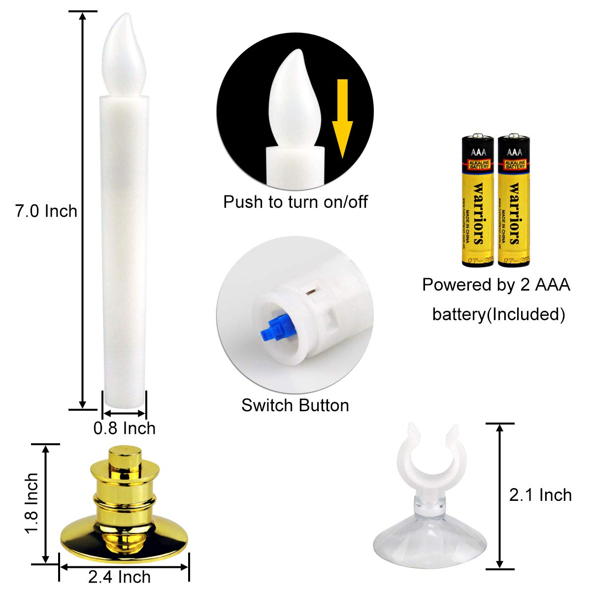 Kithouse 6 Set Christmas Window Candles Lights with Timer Battery Operated Electric LED Taper Candles Flameless for Windows, Gold Candle Holders