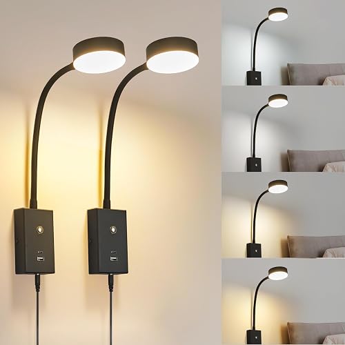 NOVCAND LED Wall Mounted Reading Light for Bed 2Pack, Flexible Gooseneck Book Light for Wall Bedside Lamp with USB-A/C Output,Touch Control 5 Dimmable