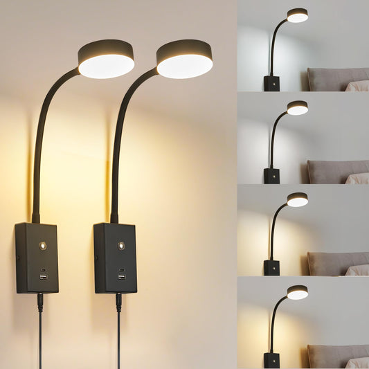 NOVCAND LED Wall Mounted Reading Light for Bed 2Pack, Flexible Gooseneck Book Light for Wall Bedside Lamp with USB-A/C Output,Touch Control 5 Dimmable