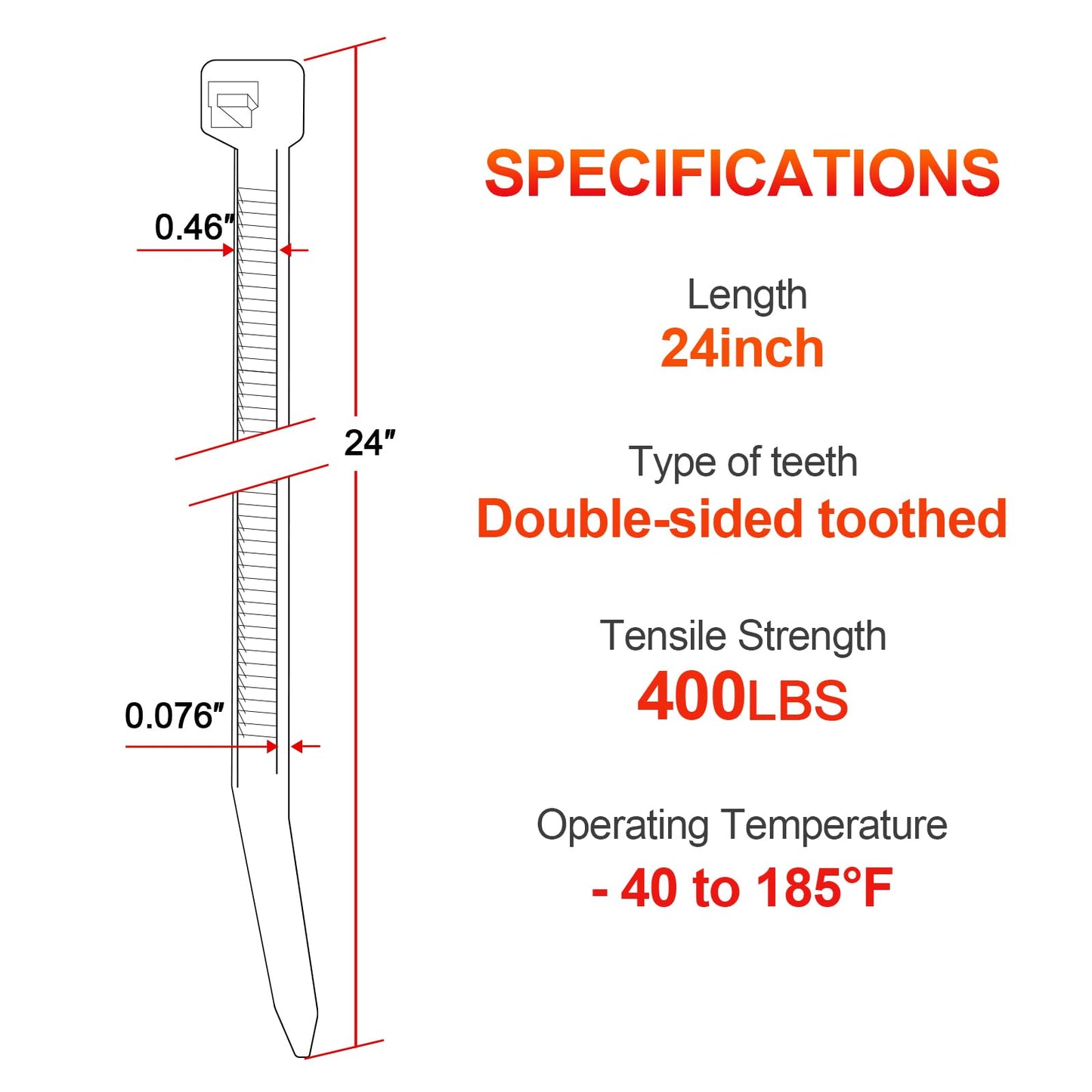 Long Zip Ties Heavy Duty 24 inch?400 LBS Tensile Strength With Double Sided Toothed Super Durable Cable Ties ?Extra Large Wire Ties Adjustable Nylon
