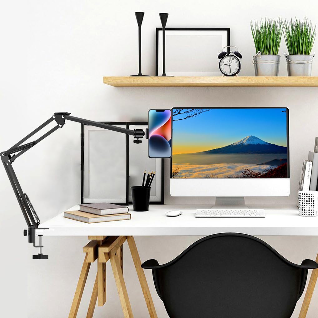 Overhead Tripod Mount for Camera Webcam Ring Light, Long Over Head Articulating Arm with Phone Holder and Ball Head, Desktop Lazy Arm Clamp Phone