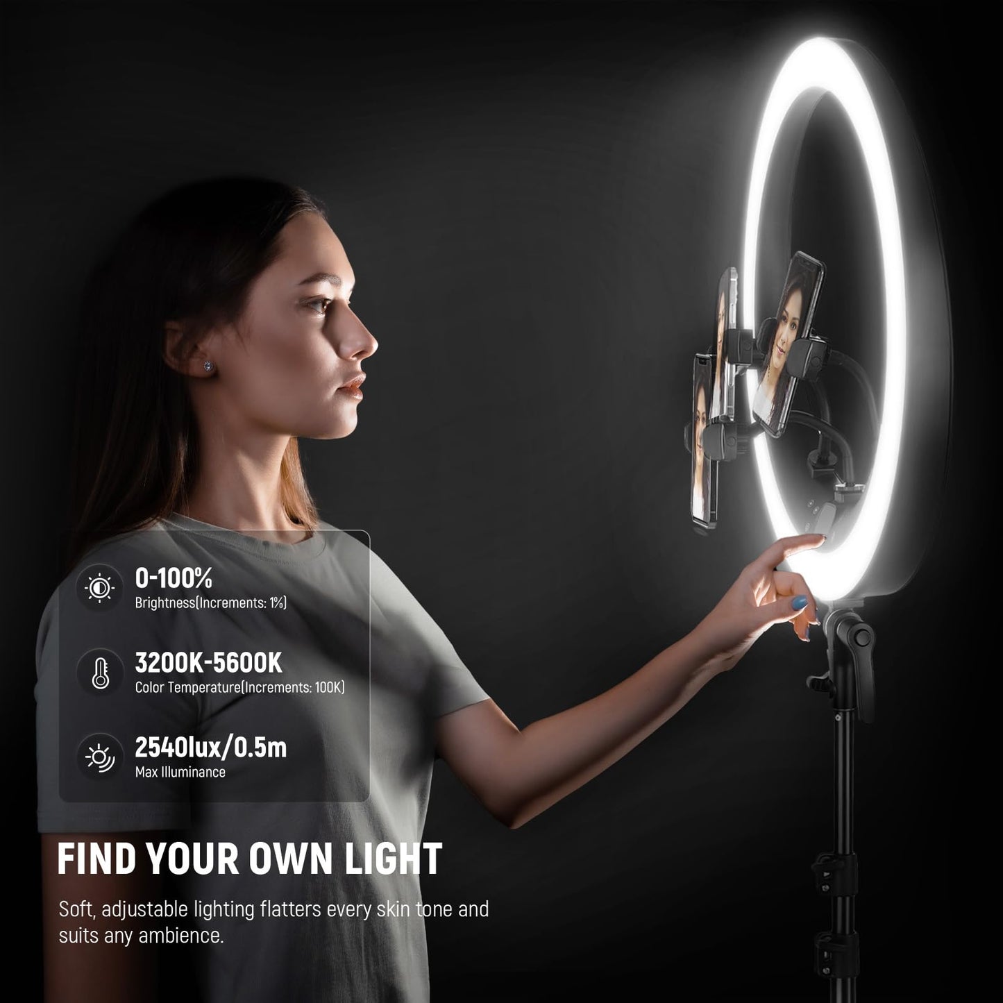 NEEWER RP19H 19" Ring Light with Tripod Stand/3 Phone Holders/Cleaning Cloth Compatible with iPhone, 2.4G Touch Control LED Ringlight for Video
