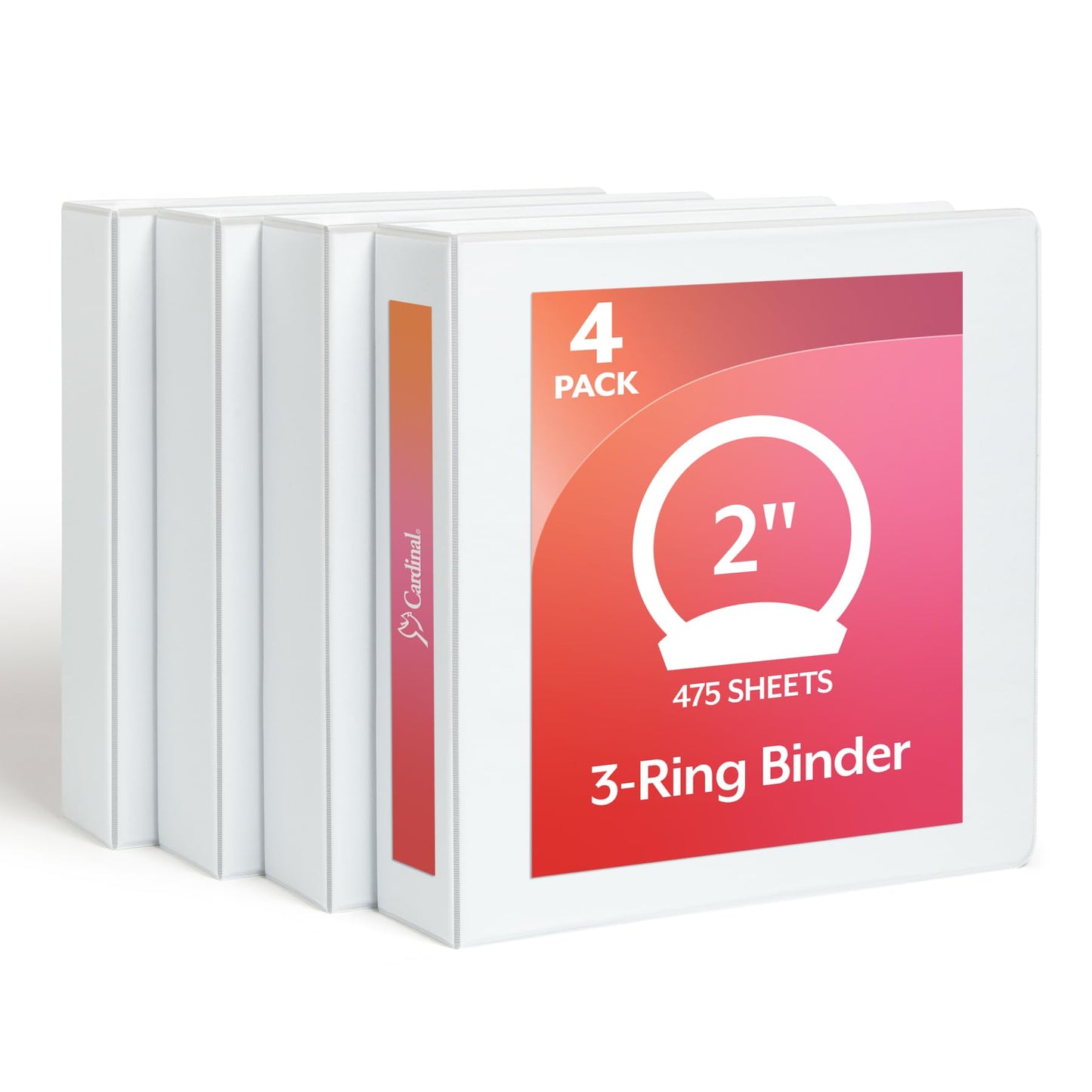 Cardinal 2 Inch 3 Ring Binders, White, 4 Pack, Round Ring Binder, Holds 475 Sheets, PVC Free, Customizable Covers, 2 Pocket View Binders for Office