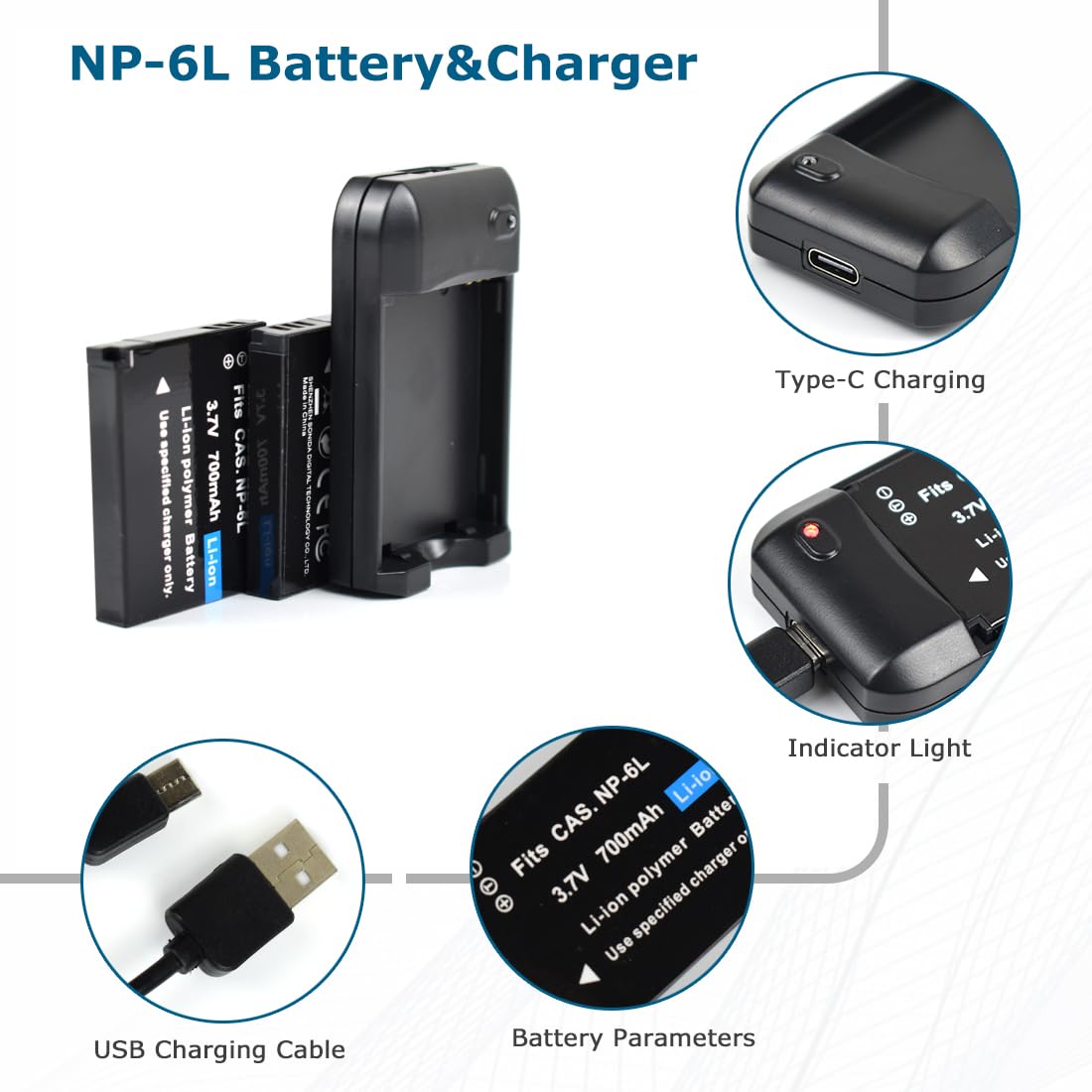 KOQINVIZ NP-6L Battery Charger + 2 pcs Rechargeable 3.7V 700mAh Batteries - Digital Camera Battery for CAS. NP-6L with Travel Charger and USB Charging