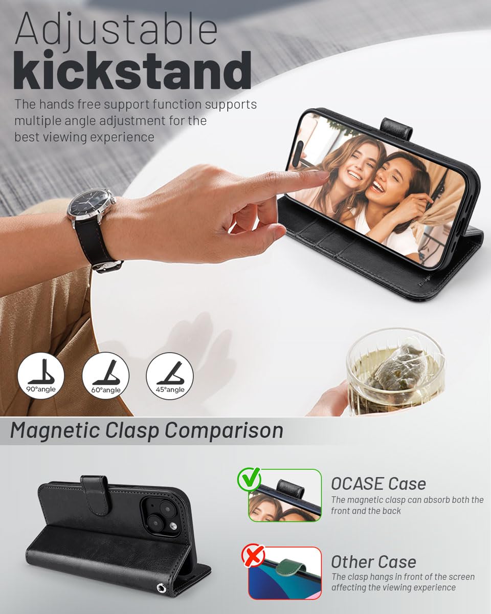 OCASE Compatible with iPhone 15 Wallet Case, PU Leather Flip Folio Case with Card Holders RFID Blocking Kickstand [Shockproof TPU Inner Shell] Phone