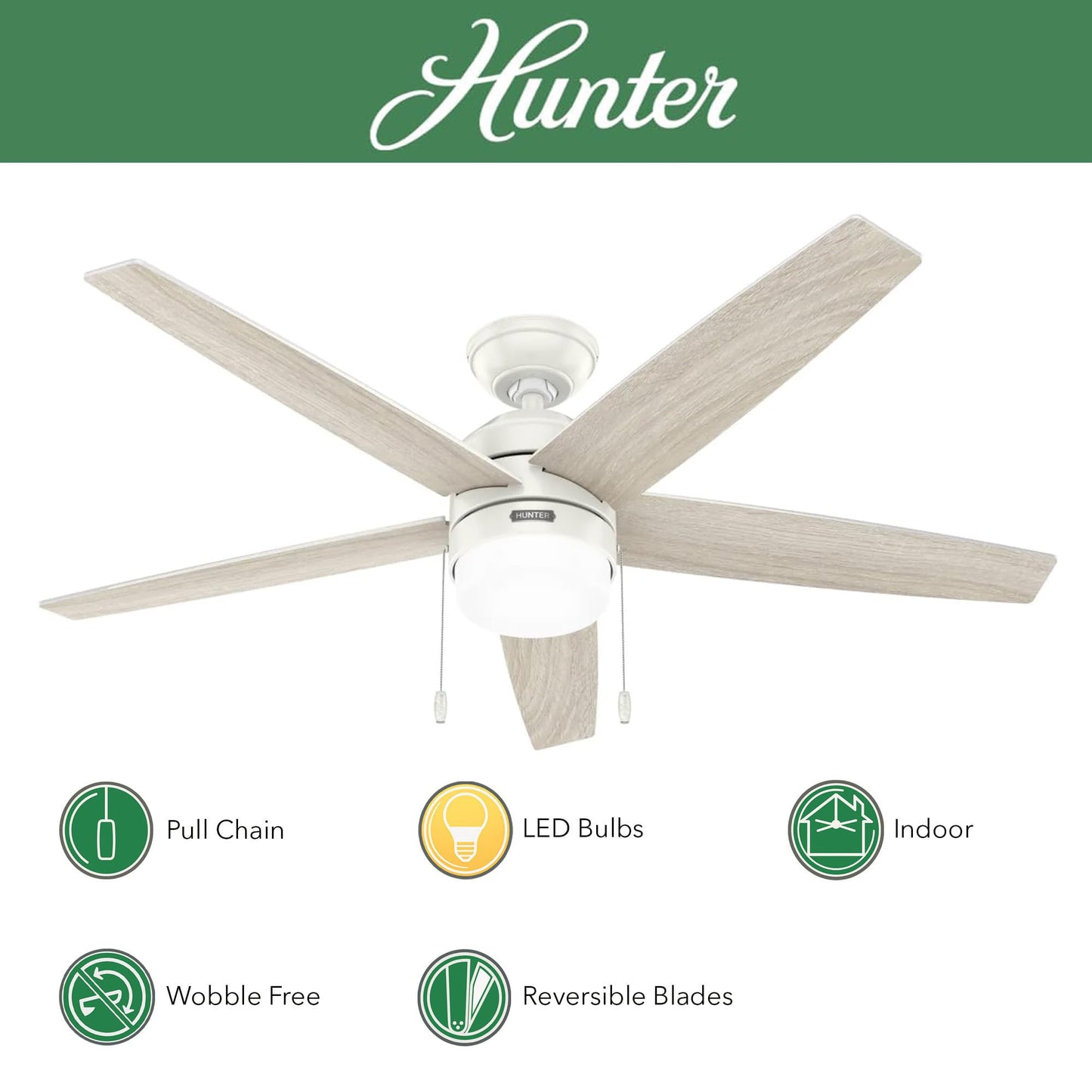 Hunter Fan 52 inch Indoor Ceiling Fan with LED Light, White Ceiling Fan with Pull Chain, for Bedroom, Office or Living Room, 5 Blades (Renewed)