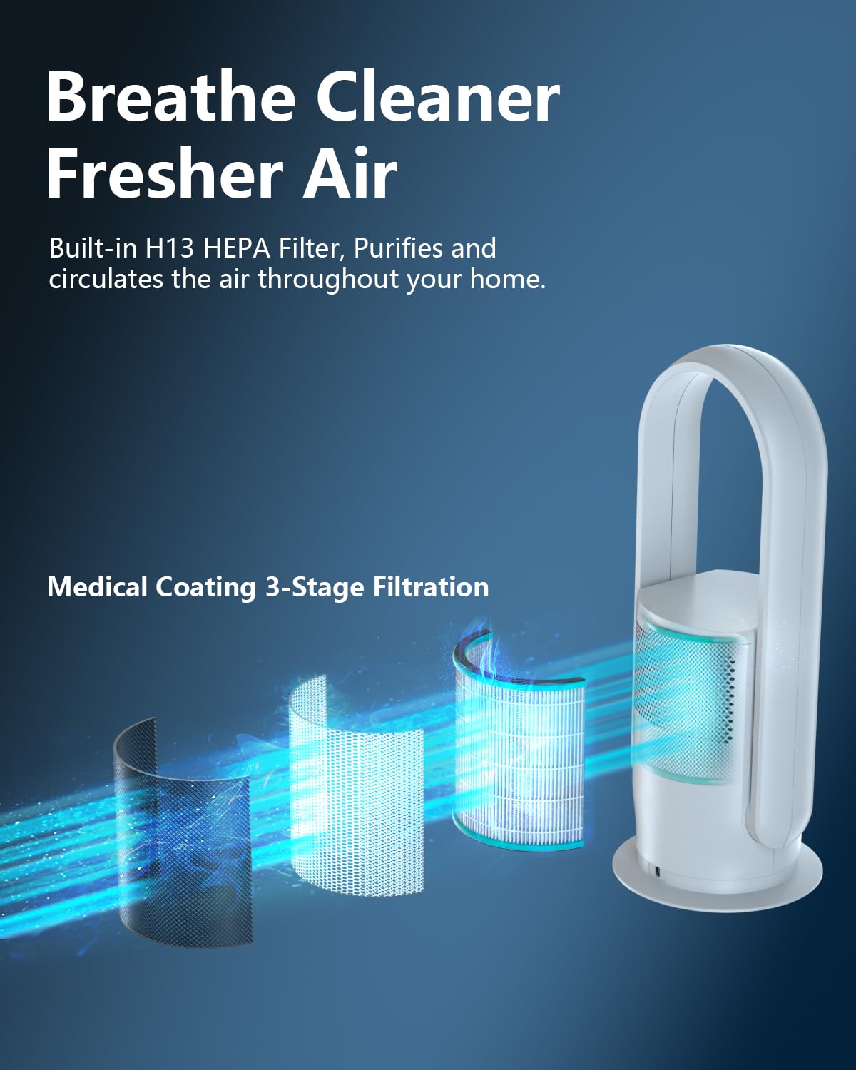 ULTTY Bladeless Tower Fan and Air Purifier Combo, Quiet Oscillating Fan with Remote & Touch Control, 9 Speeds, 8H Timer, HEPA Air Filter, Safe Floor