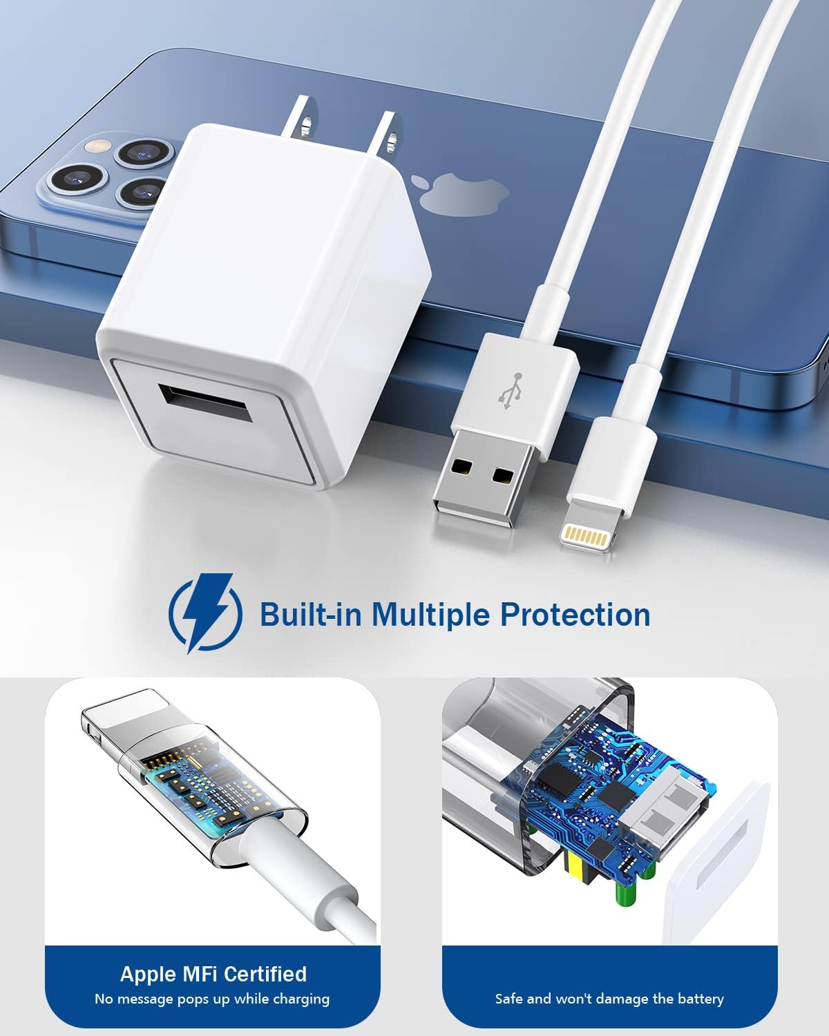 10FT Long iPhone Charger,[Apple MFi Certified] 2Pack 10Foot USB to Lightning Charging Cable Cord USB Wall Phone Charger Power Adapter Travel Plug…