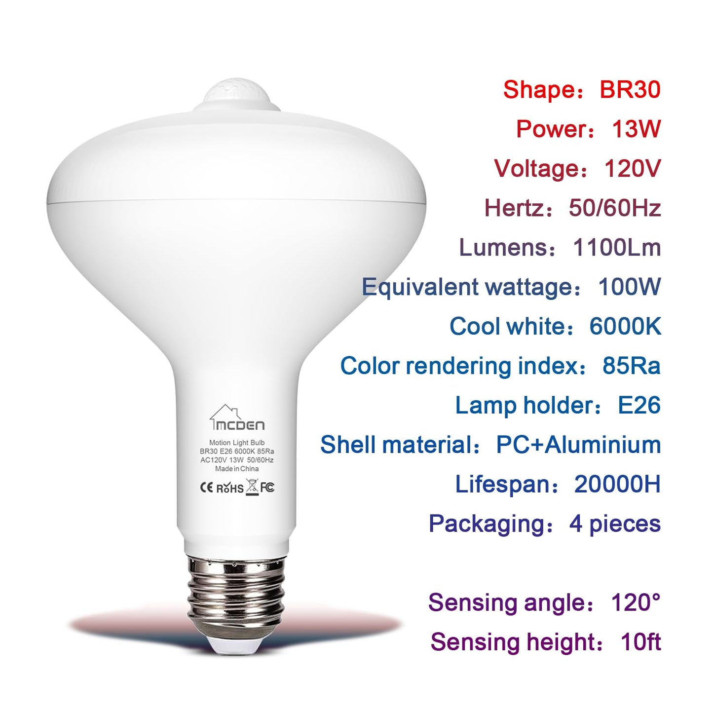 McDen Motion Sensor Light Bulb, BR30 13W Equivalent 100W 6000K Daylight, Indoor Motion Activation Detector Light Bulb, E26 Base Dusk to Dawn Security