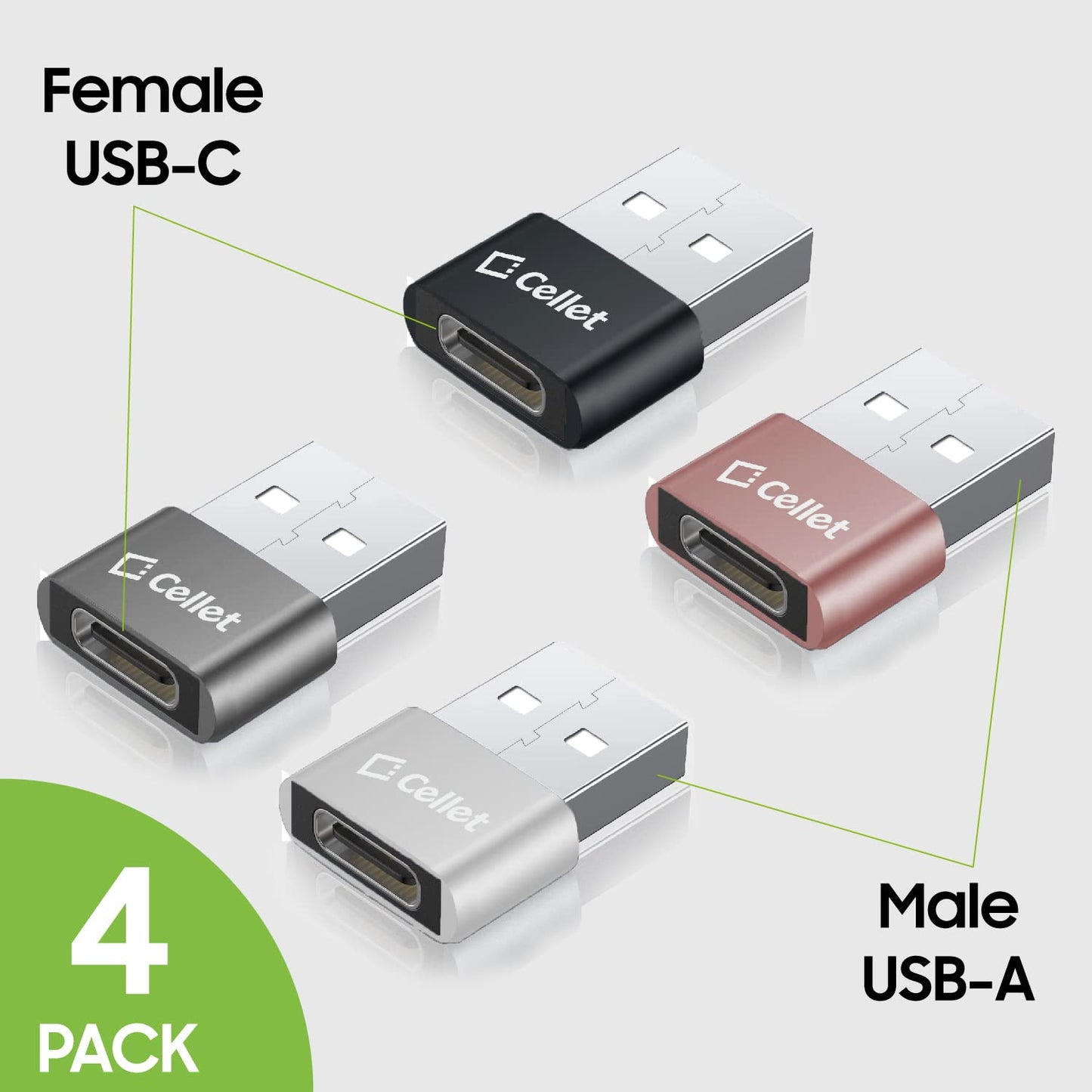Cellet 4-Pack USB-C to USB-A Adapter, Convert Female USB-C to Male USB-A, Sync and Charge