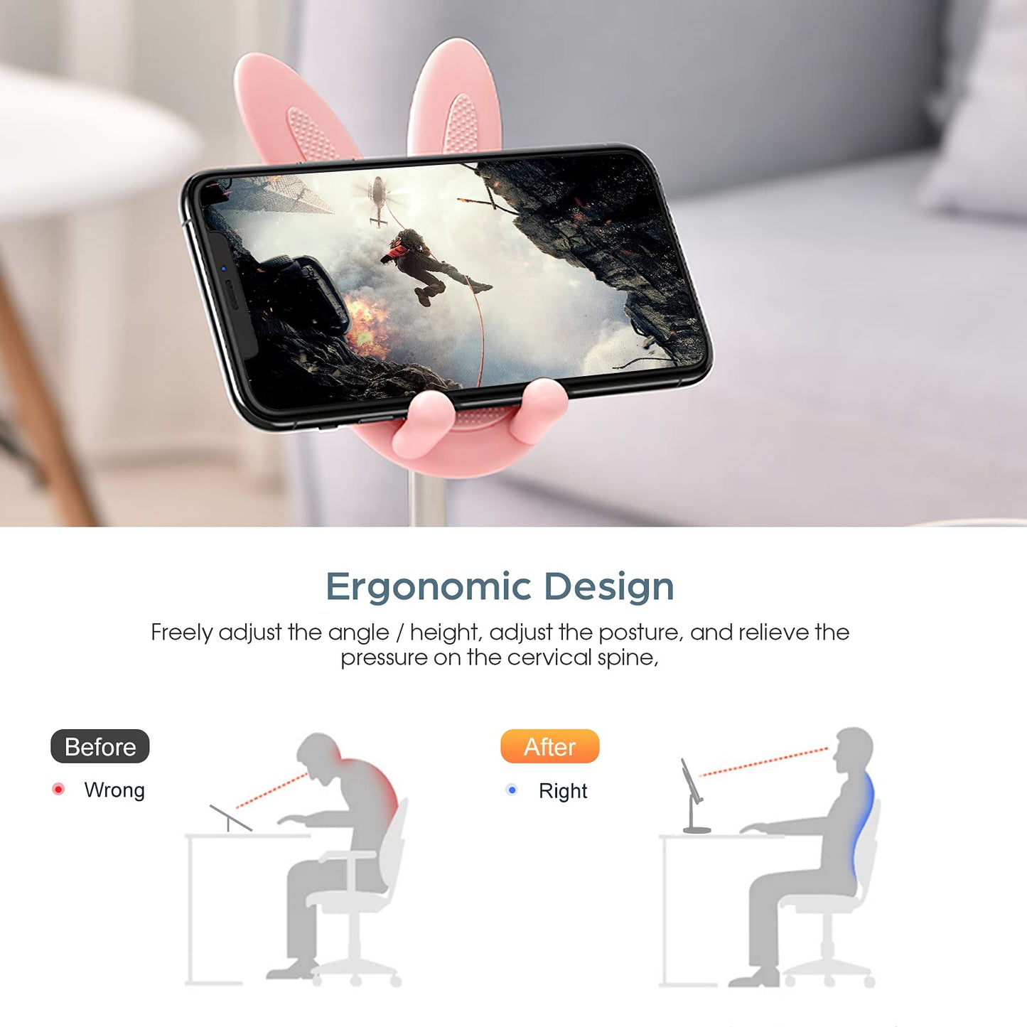 nediea Cell Phone Stand,Angle Height Adjustable Bunny Phone Stand for Desk,Cute Rabbit Phone Holder Stand for Desk, Compatible with All Mobile Phones