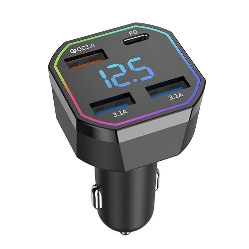 65W USB C Car Charger Adapter 4 Port Fast Charging with QC3.0 & PD2.0, Digital Display, Compatible with iPhone 16-8, Galaxy S25-S8, iPad, Pixel