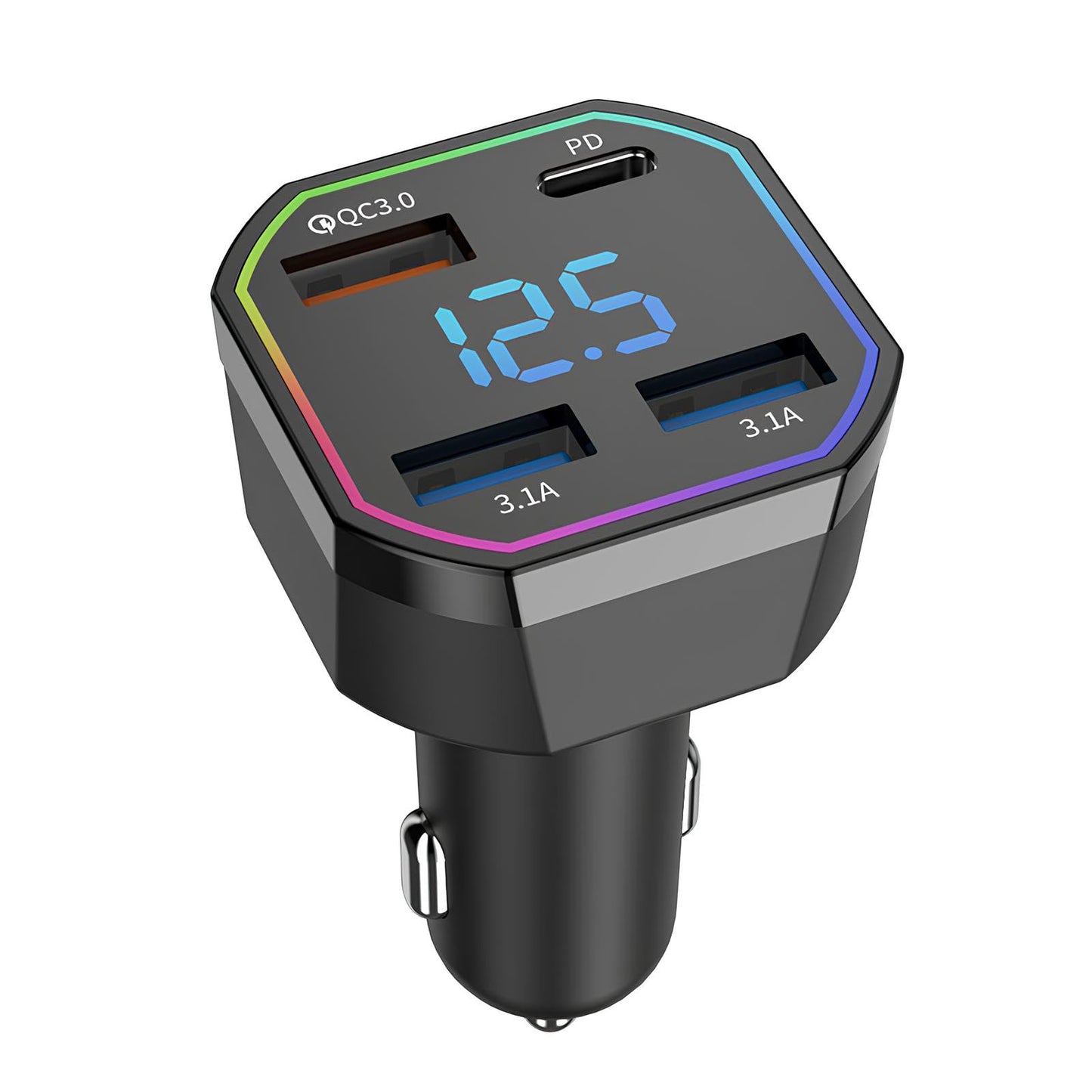 65W USB C Car Charger Adapter 4 Port Fast Charging with QC3.0 & PD2.0, Digital Display, Compatible with iPhone 16-8, Galaxy S25-S8, iPad, Pixel