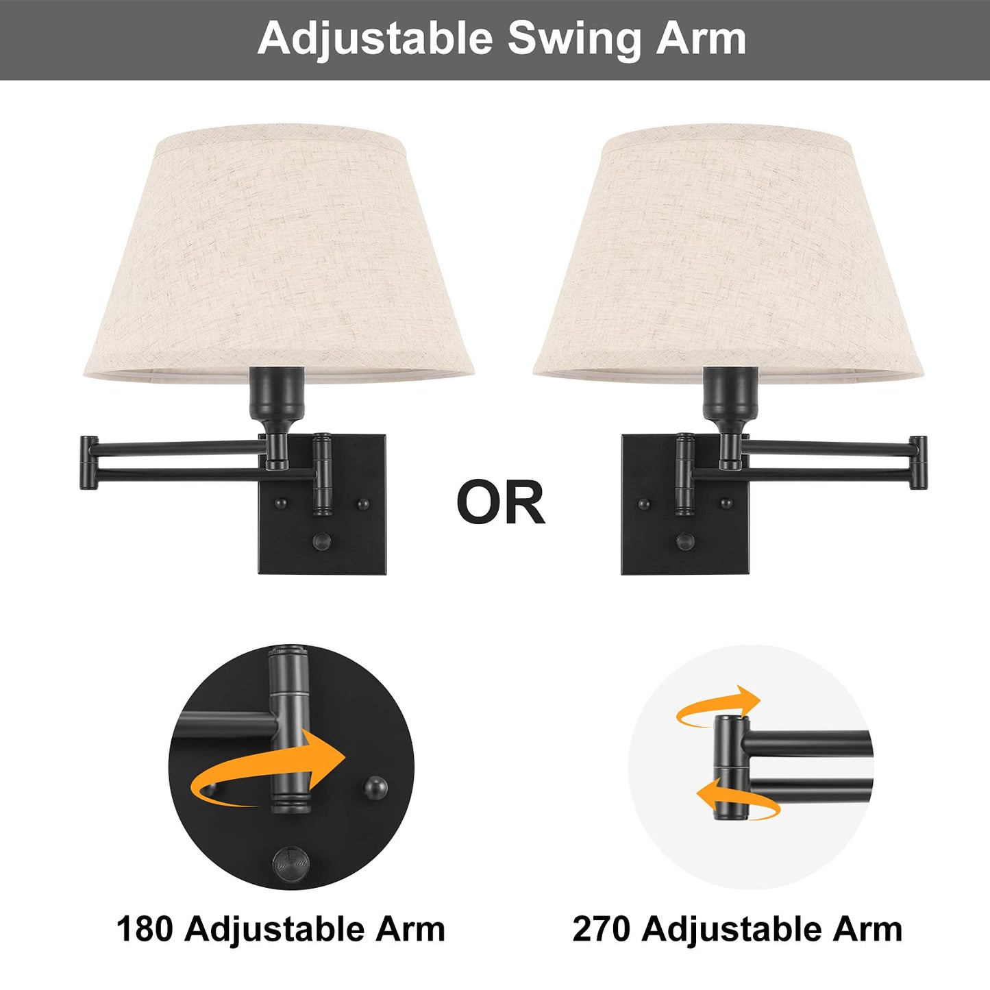 TRLIFE Dimmable Wall Sconce Plug in, Wall Sconces Set of Two Swing Arm Wall Lights with Plug in Cord and On/Off Dimmer Rotary Switch, 11.8" Large