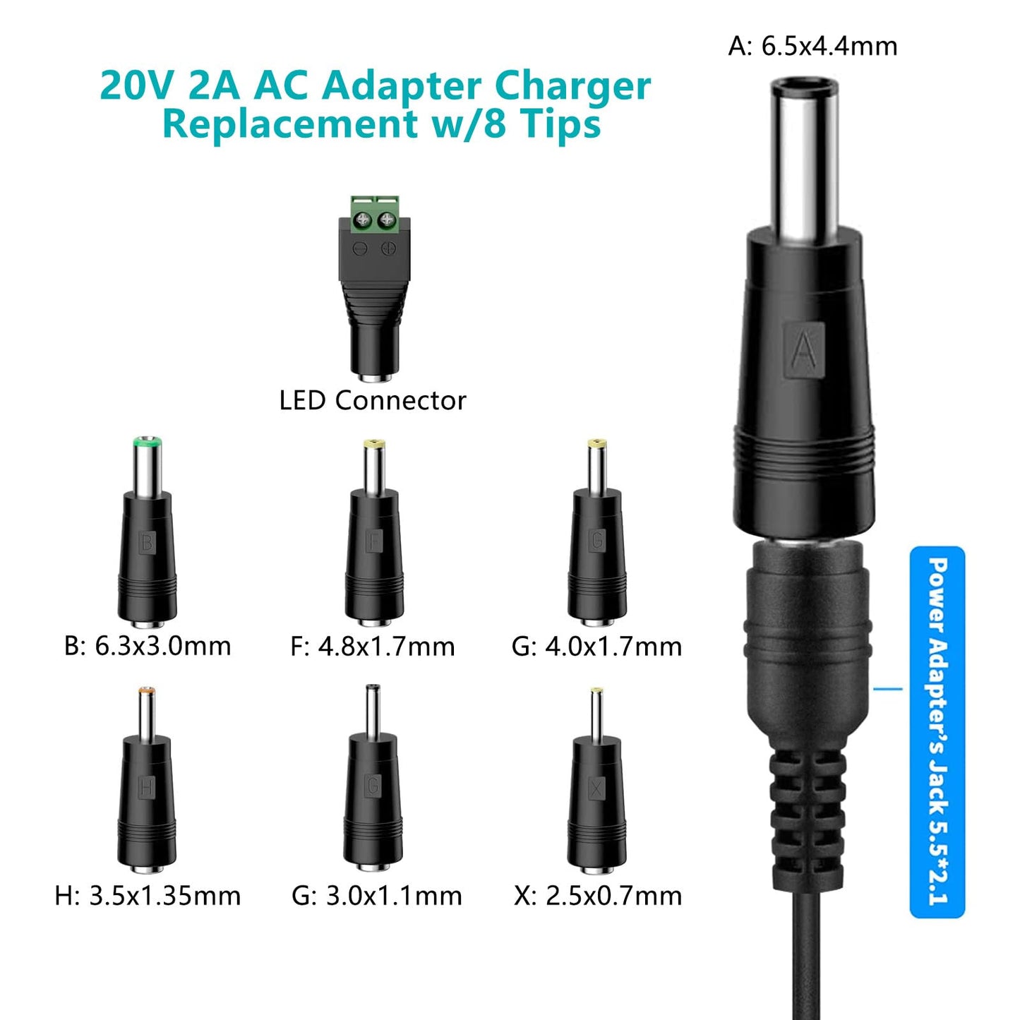 20V 2A AC DC Power Supply Adapter 20 Volts 2 Amps US Wall Charger, DC Plug 5.5x2.1mm & 2.5mm for 20volt 0.5A 0.8A 1A 2A, 500mA 800mA 1000mA 2000mA…