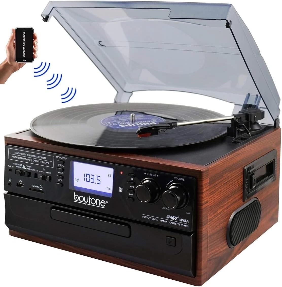 Boytone BT-22M, Bluetooth Record Player Turntable, AM/FM Radio, Cassette, CD Player, 2 Built in Speaker, Ability to Convert Vinyl, Radio, Cassette, CD