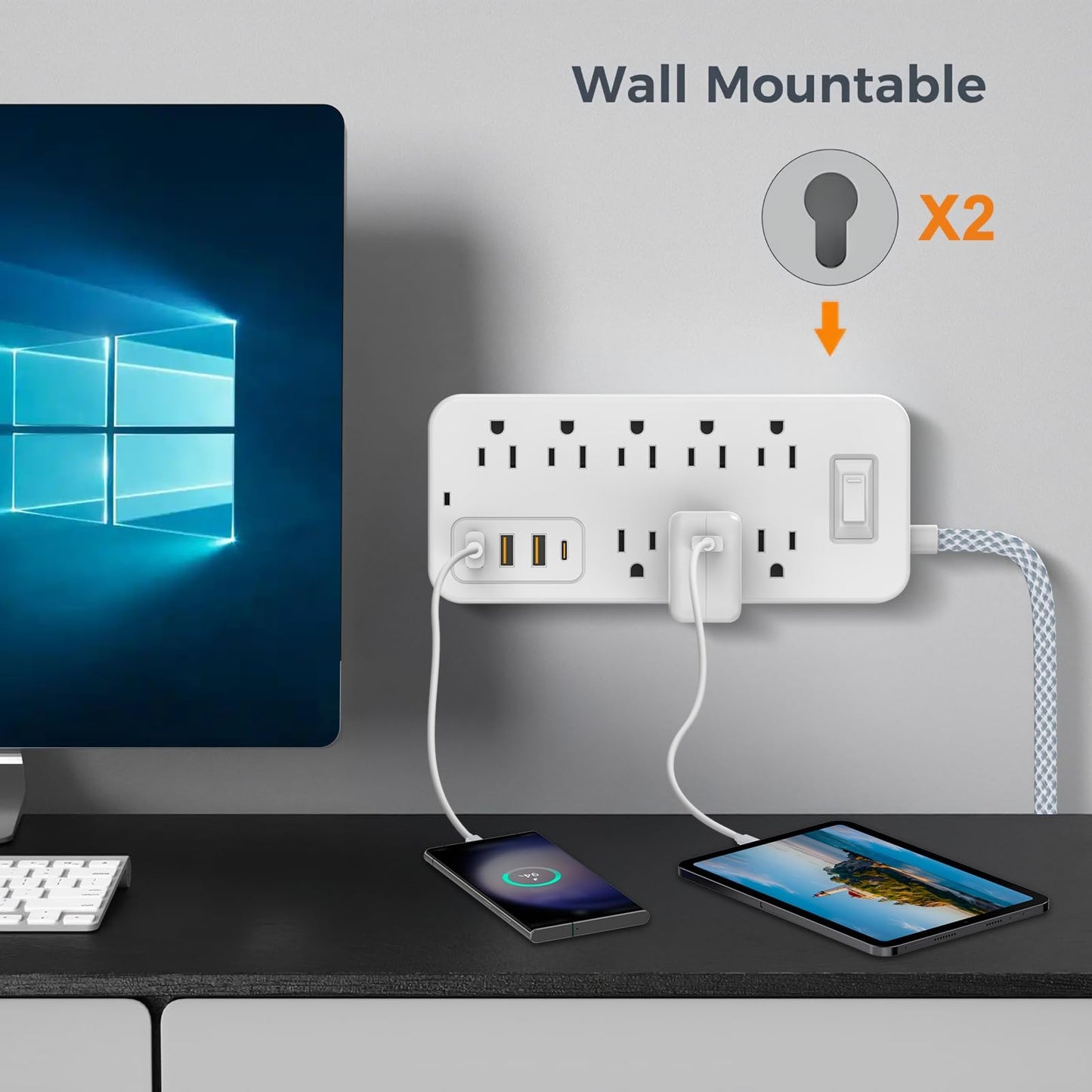 Power Strip Power Bar, Muti-Outlets Ports Desktop Charging Station, Flat Plug Overload Surge Protection Outlet Strip, USB Ports, Extension Cord, Wall