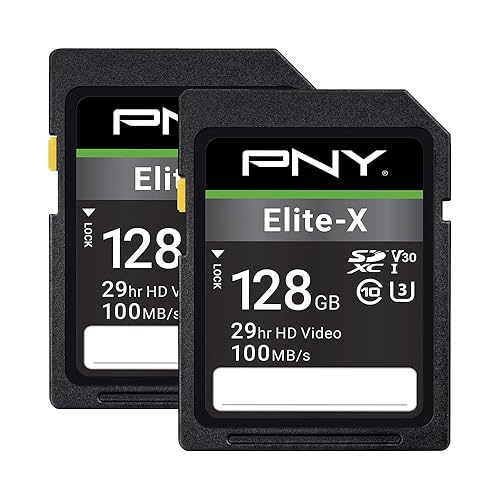 PNY 128GB Elite-X Class 10 U3 V30 SDXC Flash Memory Card - 100MB/s, 4K UHD, HD, UHS-I, Full Size SD (Pack of 2)