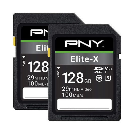 PNY 128GB Elite-X Class 10 U3 V30 SDXC Flash Memory Card - 100MB/s, 4K UHD, HD, UHS-I, Full Size SD (Pack of 2)
