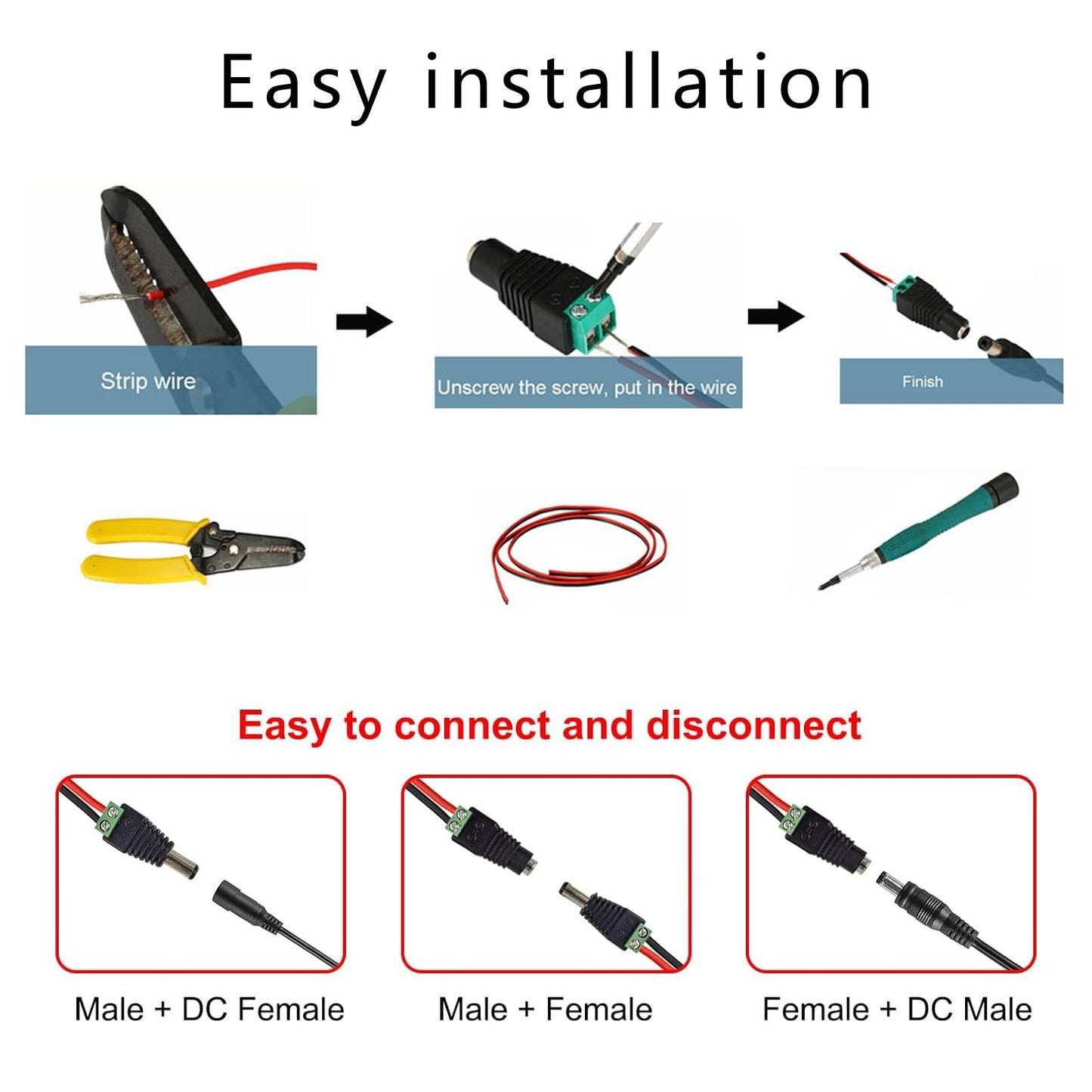 WTGID 5 Pairs of 12V Male and Female 2.1x5.5mm, DC Power Socket Adapter, Cylindrical Connector, Including 10 DC Power Cords, Suitable for CCTV