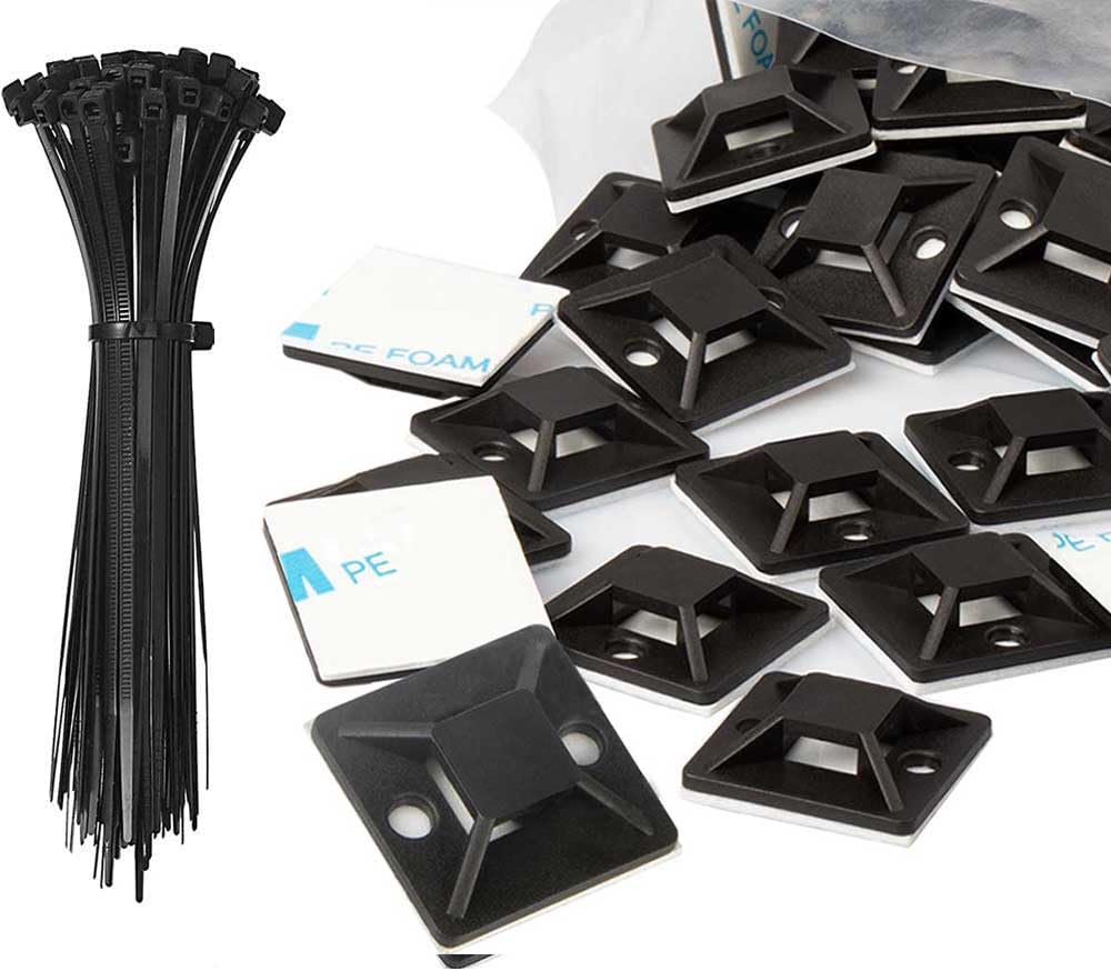 Zip Tie Mounts and Zip Ties - Small Cable Tie Adhesive Mount, 3/4in black 100 Sets. Wires Zip Tie Adhesive-backed anchors for Pedal Board Cable