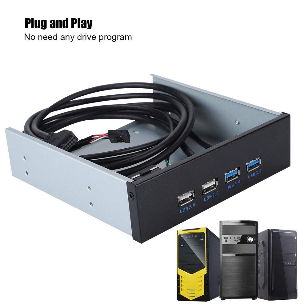ASHATA 5.25" Front Panel,4 USB Port Optical Drive Front Panel,Multifunction 5.25 Inch 19 Pin/9Pin to USB 3.0 USB 2.0 4 Port Metal Optical Drive Bay