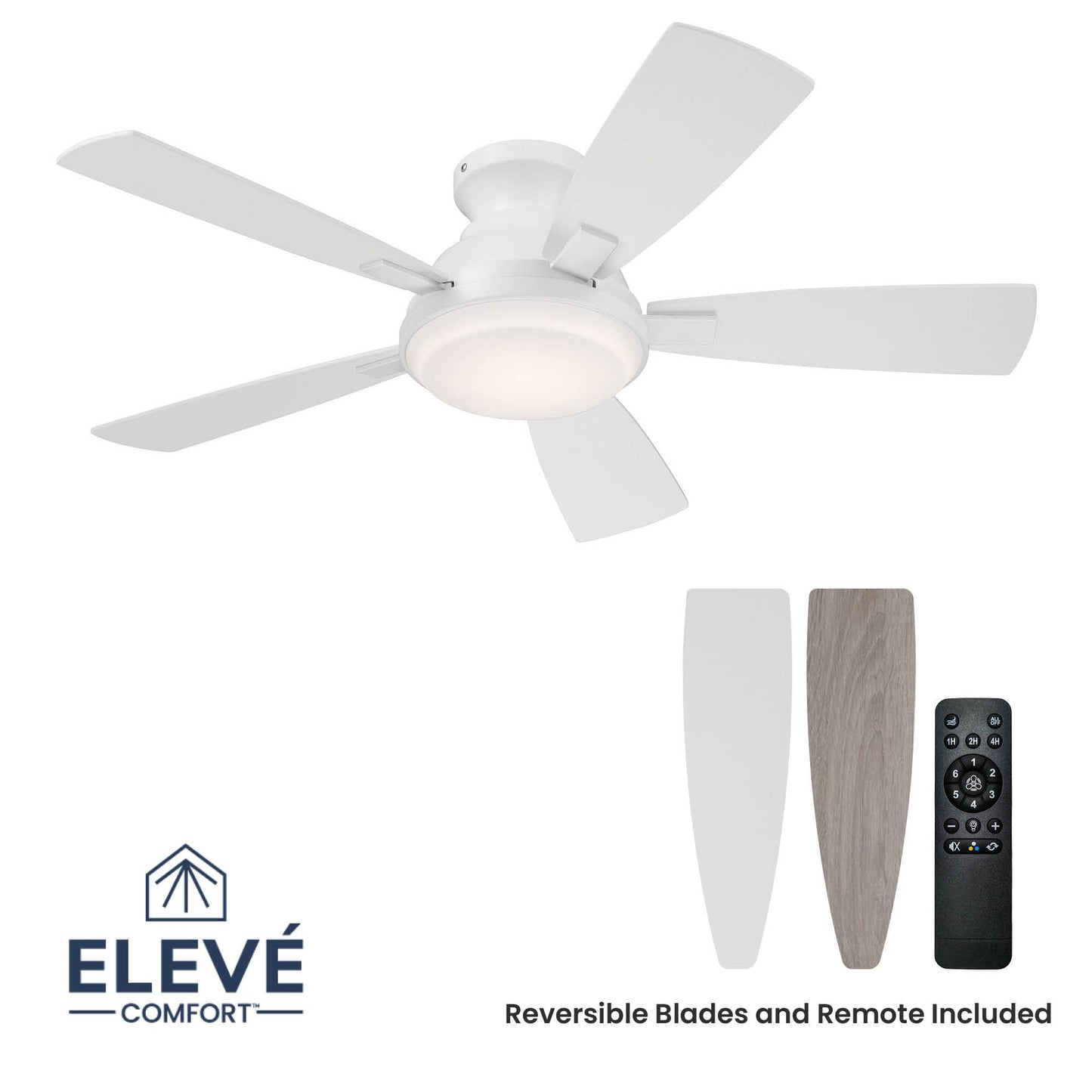 Eleve Comfort Fresh White 44 Inch Low Profile 5 Blade Indoor Ceiling Fan, Ideal for Bedrooms and Living Rooms, Quiet DC Motor, LED Light with Remote