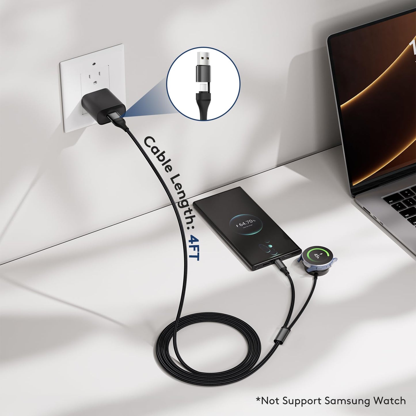 cugunu USB A/C to Galaxy Watch/USB C Multiple Portable Travel Charger Cable, 2-in-2 Car Magnetic Wireless Charging Cord Compatible with Samsung Watch