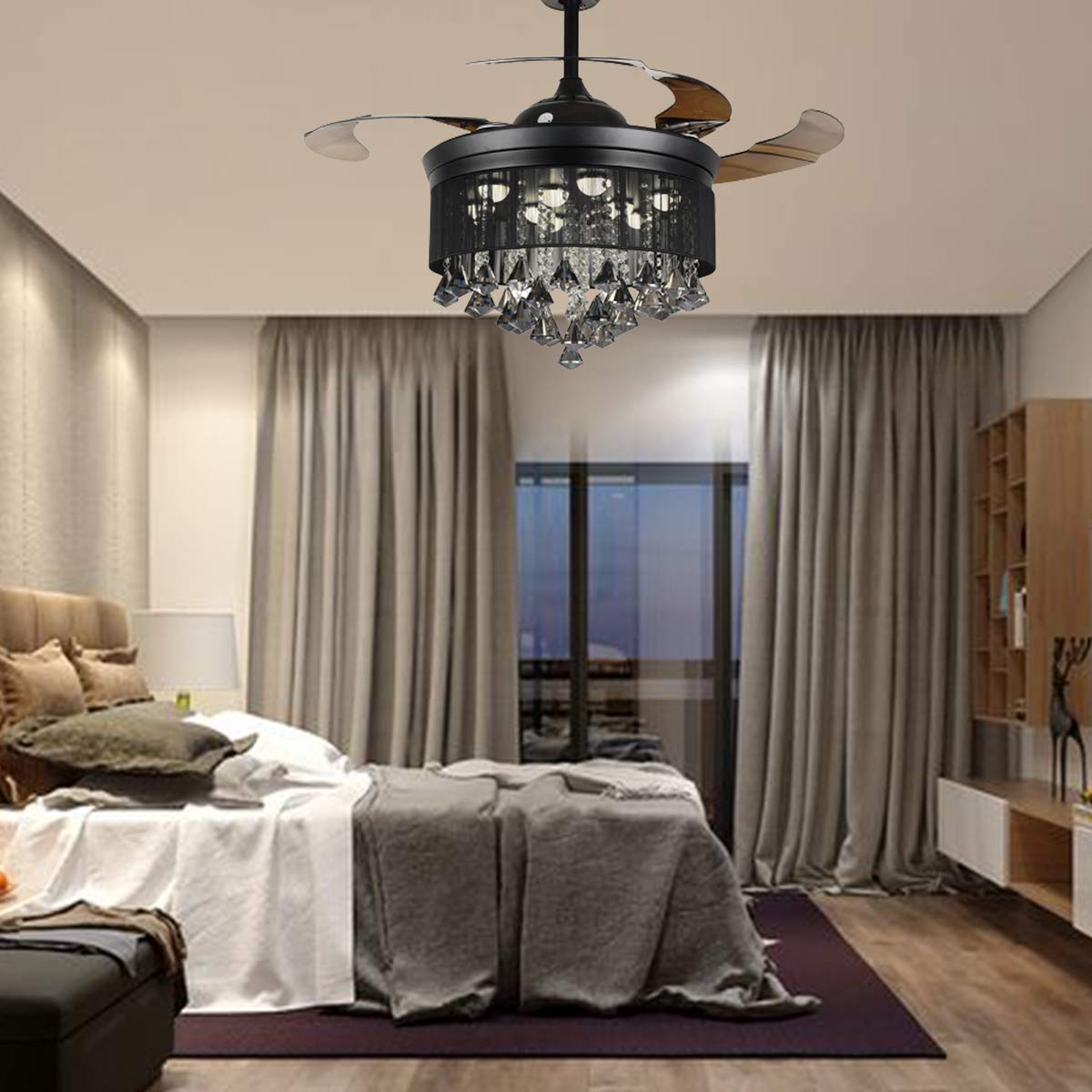 Cretifity 42 inches Crystal Black Ceiling Fan with Light, Round Drum Crystal Chandelier Fan with Retractable Blade, Timing 3 Speeds 3 Colors Change