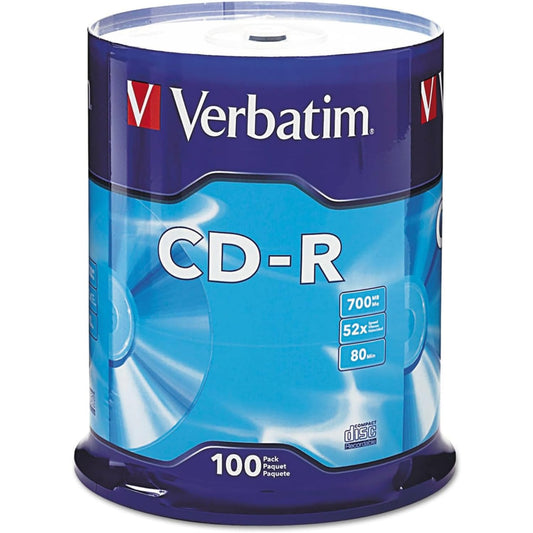 Verbatim CD-R Blank Discs 700MB 80 Minutes 52X Recordable Disc for Data and Music - 100pk Spindle