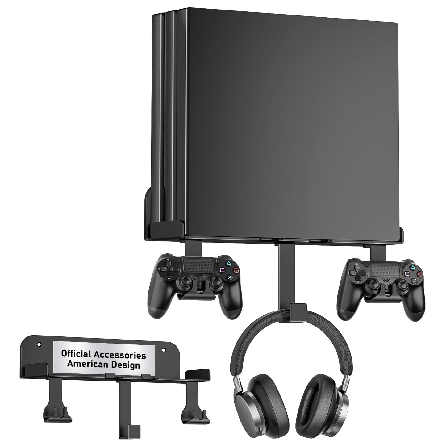 Wall Mount for PS4 Pro with Detachable 2 Controller Holder & Headphone Hanger Metal Wall Mount Stand Kit Mount on The Wall Or on The Back Of The TV