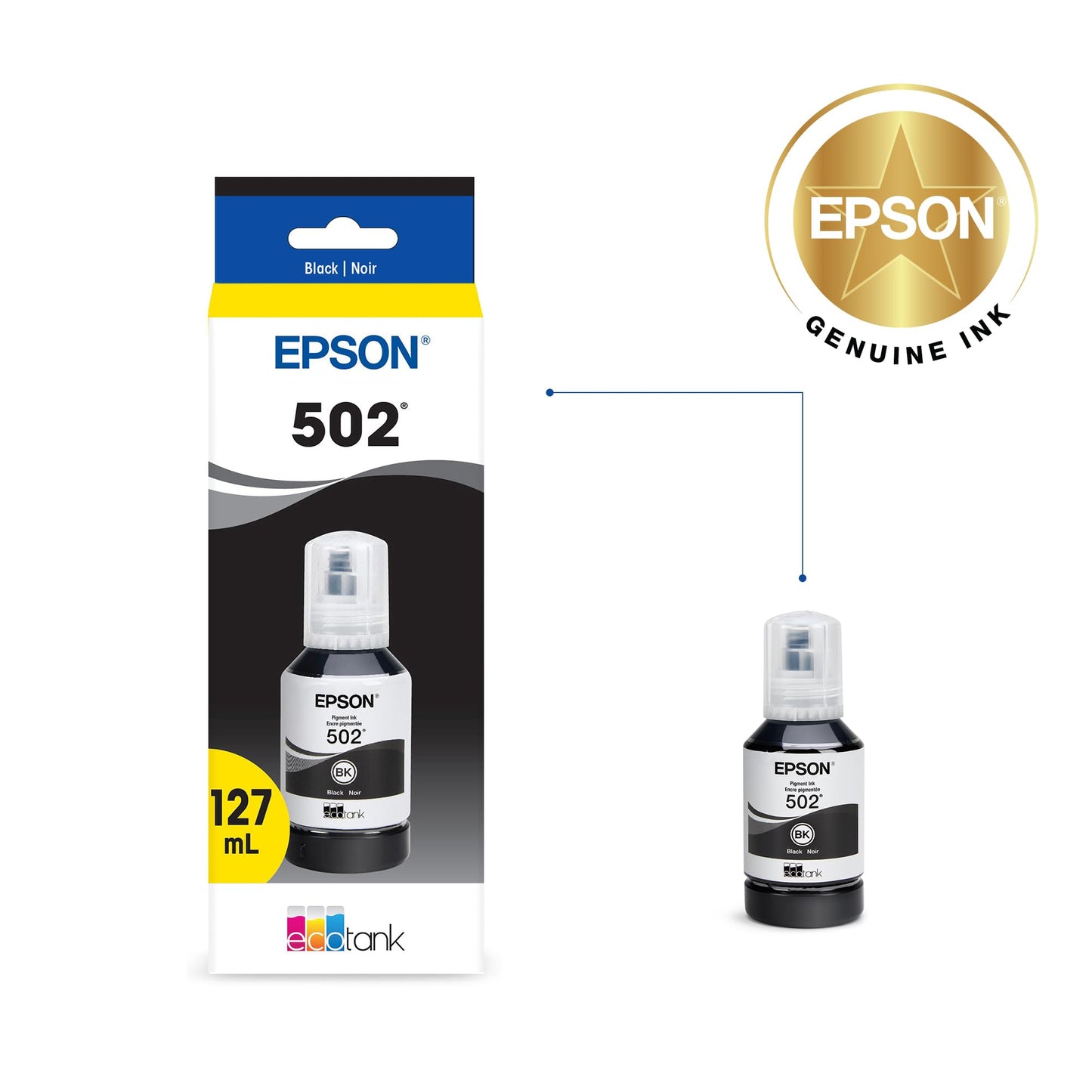 EPSON 502 EcoTank Ink Ultra-high Capacity Bottle Black Works with ET-2750, 2760, 2850, 3750, 3760, 3850, 4850, and other select models