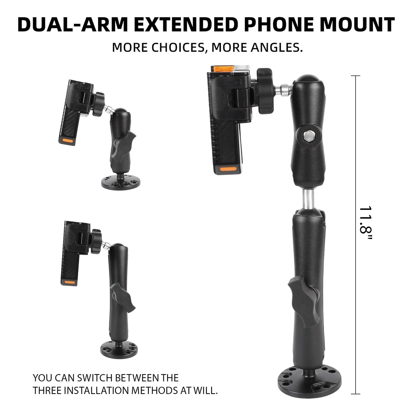 xik Phone Mount Holder with Double Adjustable arm for Boat Kayak Car Truck UTV - Round AMPS Base, [1s Lock & Release][360°Adjustable], Fits 4.7"-7.2"