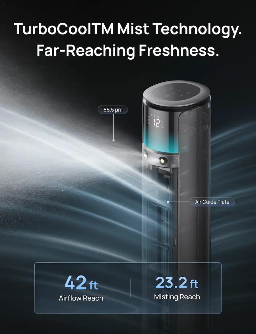 DREO - 42 in. 12 Speeds Smart Outdoor Misting Tower Fan in Black w/Remote, 20 ft Mist, 150° Oscillation, UV-Resistant - Gray (Renewed)