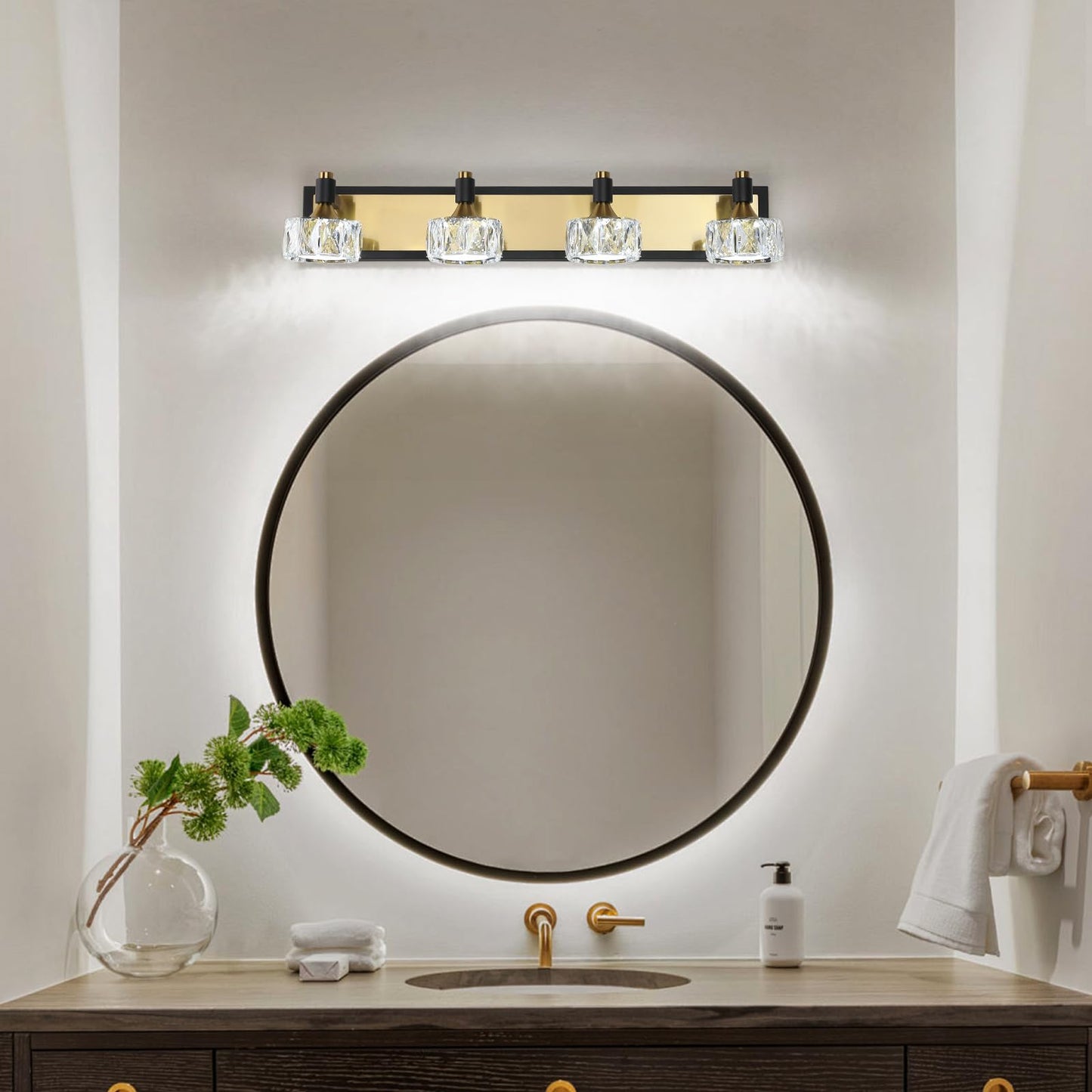Bicrink 4 Light Bathroom Vanity Light, Dimmable Crystal Modern Bathroom Light Fixtures Over Mirror, Gold and Black Modern Vanity Light, Elegant Water