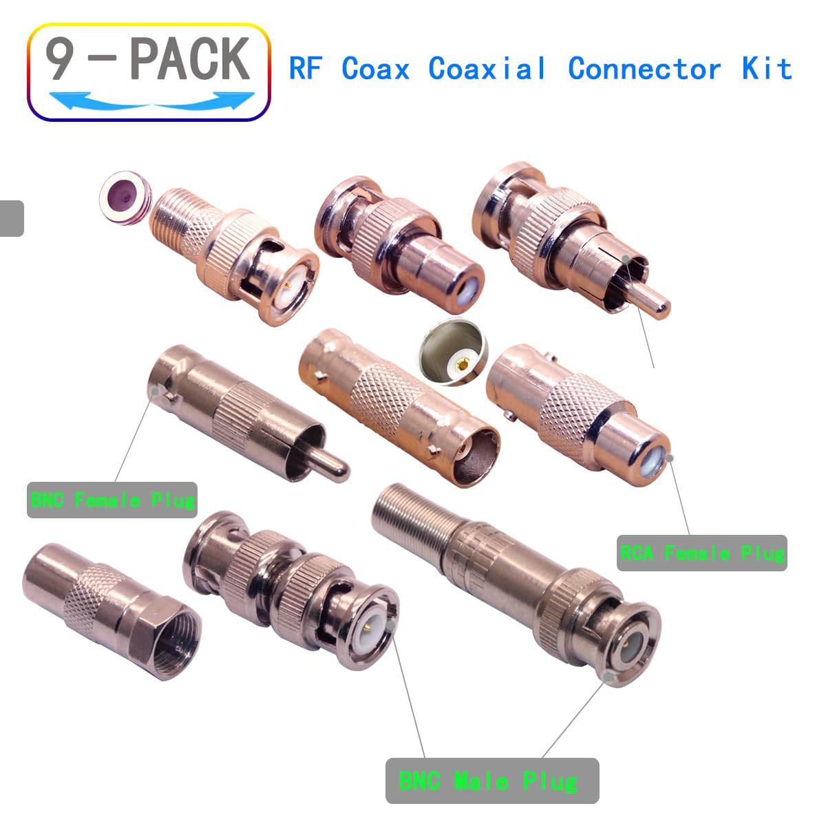 ZJKJHJY RF Coaxial Connector Kit, 9-Pack BNC Male/Female Adapters, RCA Plugs, Assorted Coax Connectors