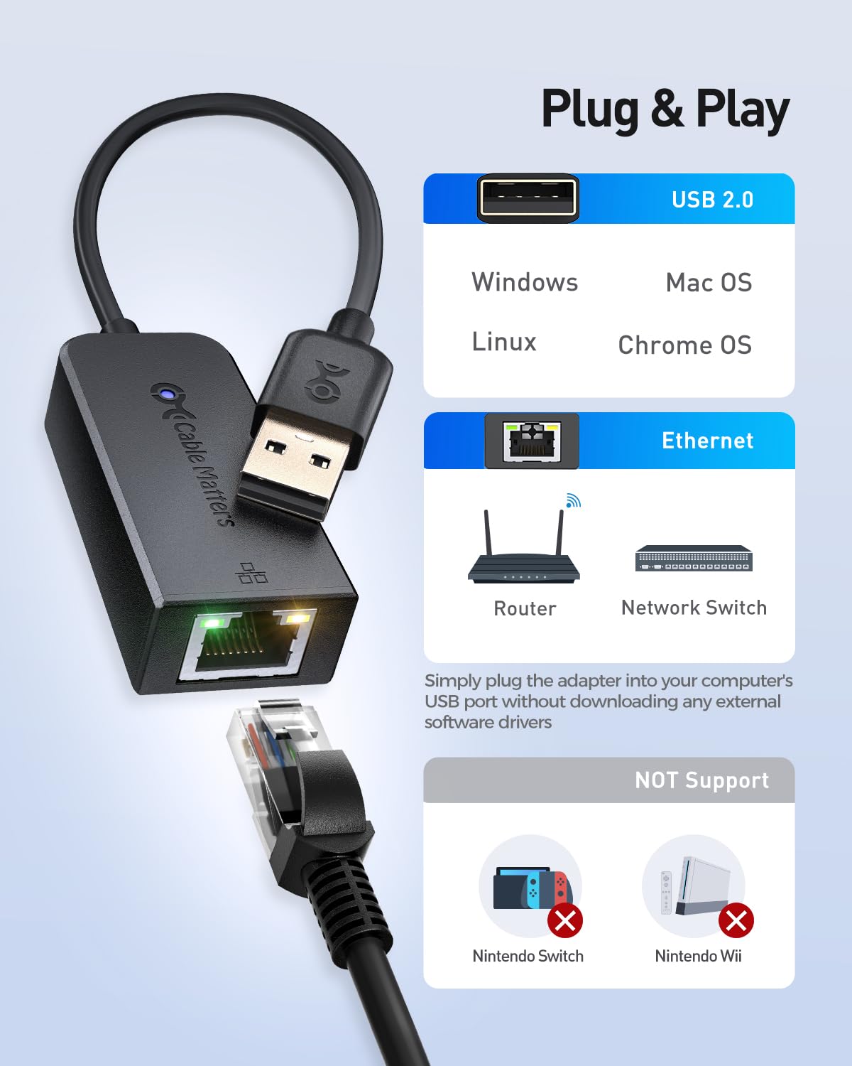 Cable Matters USB 2.0 to Ethernet Adapter, Plug & Play