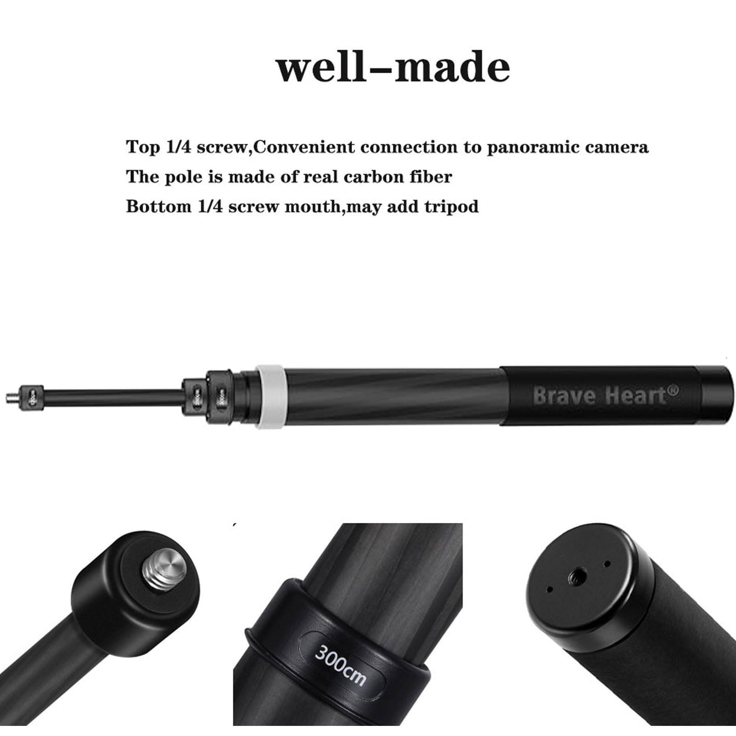 Rukkawwa 36cm Extended to 3m Super Long Carbon Fiber Invisible Selfie Stick for Insta360 for Insta 360 X5 X4 X3 X2 ONE R/RS for GoPro max for DJI OSMO