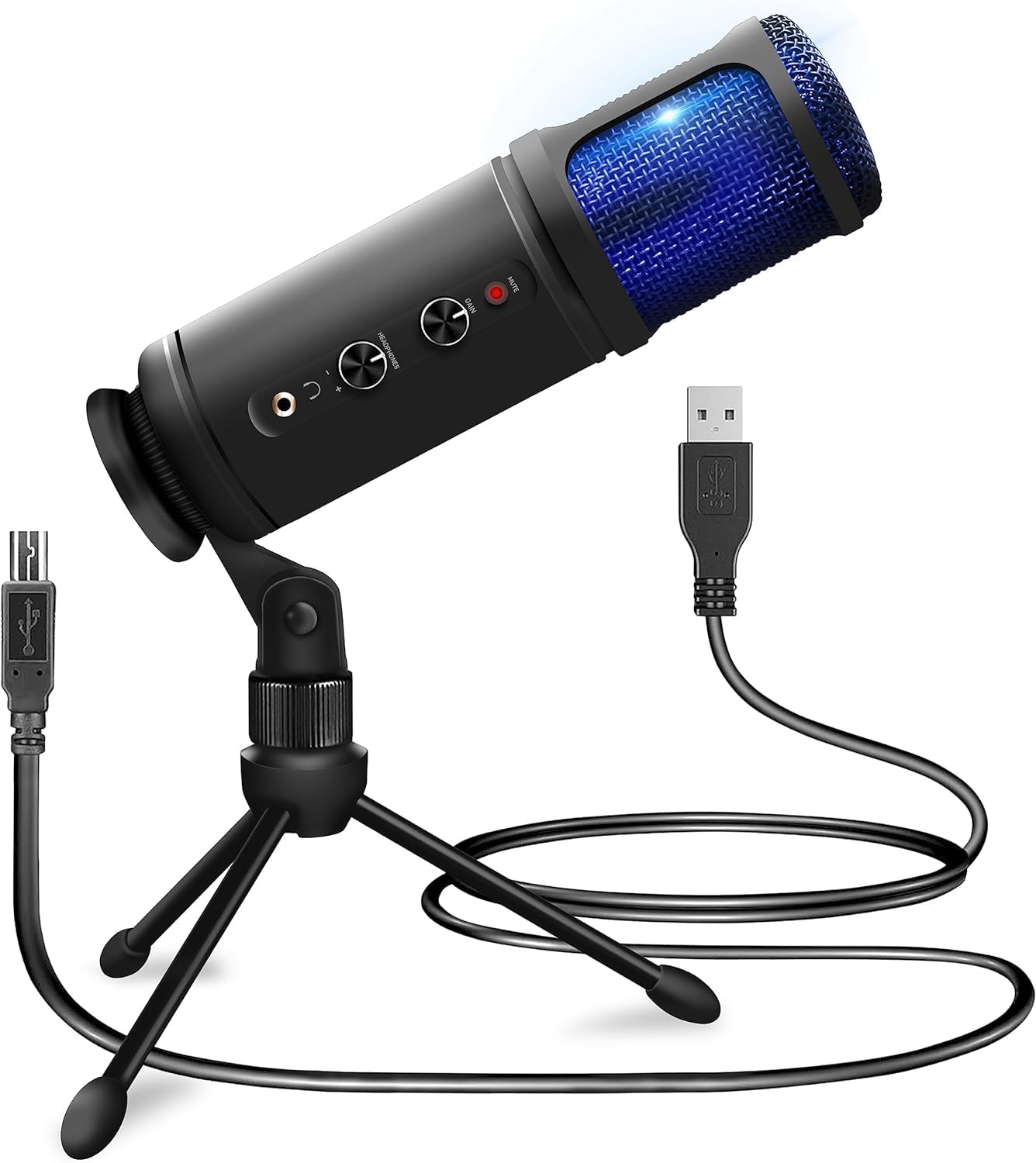 JOVIAL USB PC Recording Condenser Microphone - Blue LED, Adjustable Gain, Headphone Jack, Mute Control, Tripod Stand - Portable Pro Audio Condenser