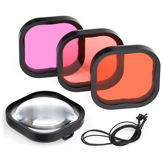 GEPULY 4 Pack Underwater Dive Filters for GoPro Hero 8 9 10 11 12 13 Black Official Waterproof Housing Case in Red, Light Red, Magenta, and 5X