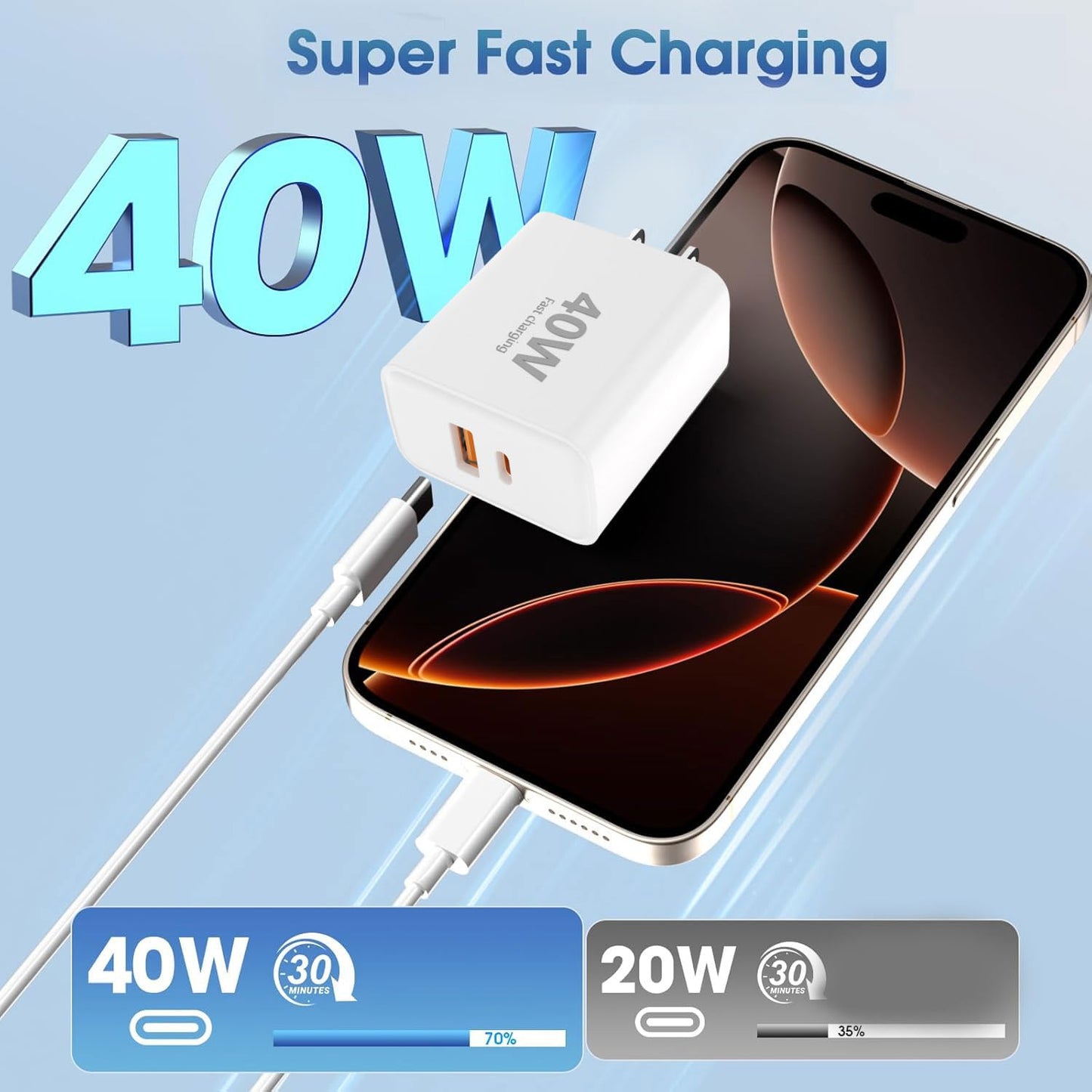 USB C Charger Block, 40W USB-C & USB-A Port Charger Block with 6FT & 4FT USB C Cable for i Phone 17/17 Pro/17 Pro Max/16/16 Plus/16 Pro Max/15/15