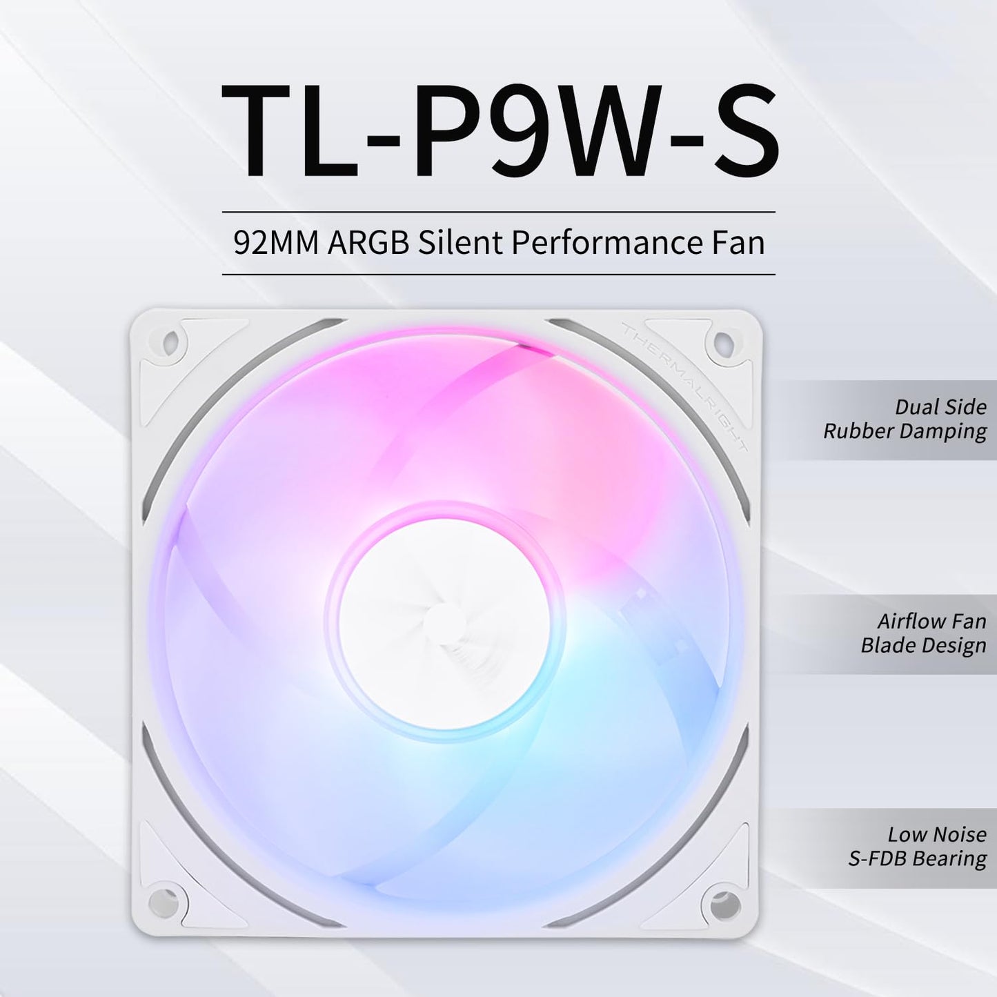Thermalright TL-P9W-S CPU Fan, Computer Case ARGB Fan Quiet 4PIN PWM PC Cooling, High Performance 92mm Silent Cooler, 2200RPM Speed, CPU Cooling